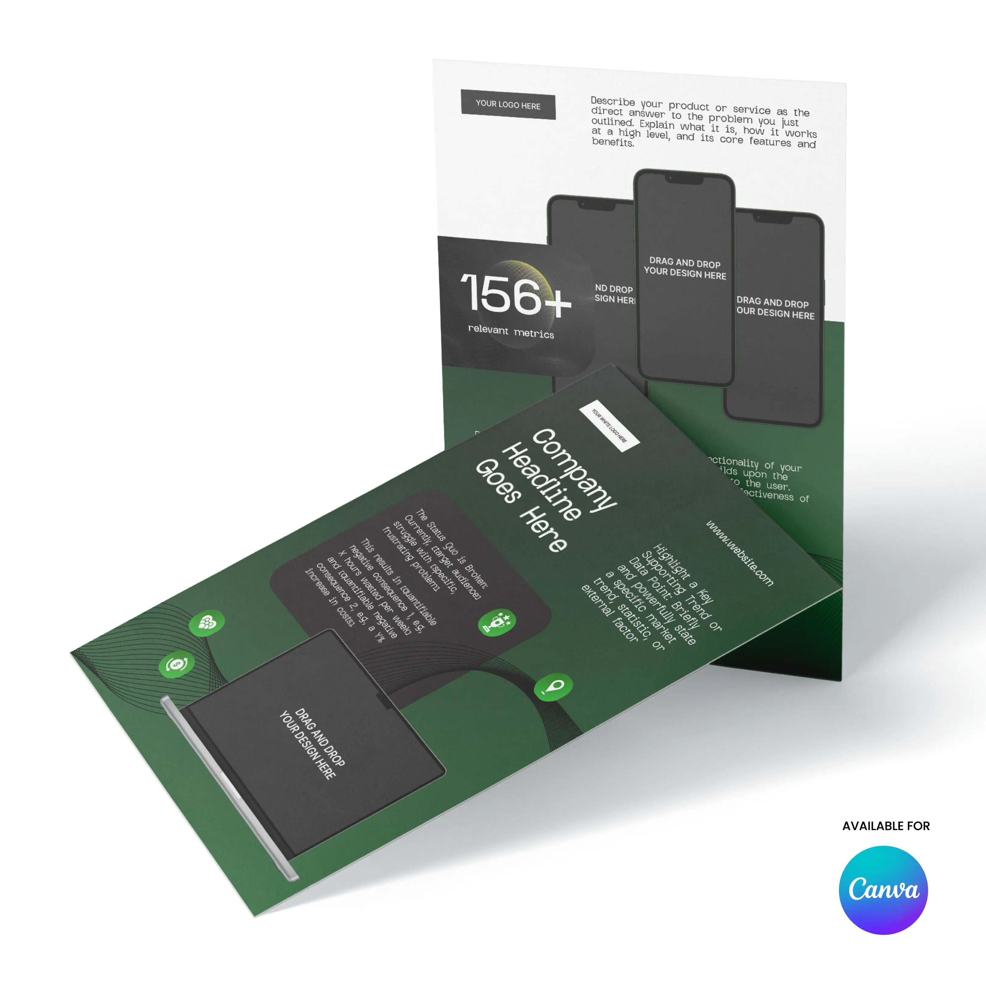 A folded One Pager Template for Canva from the Forma 30 Collection is shown on a white background, featuring green, white, and black sections—ideal for Green Tech or Startup case studies and SaaS presentations.