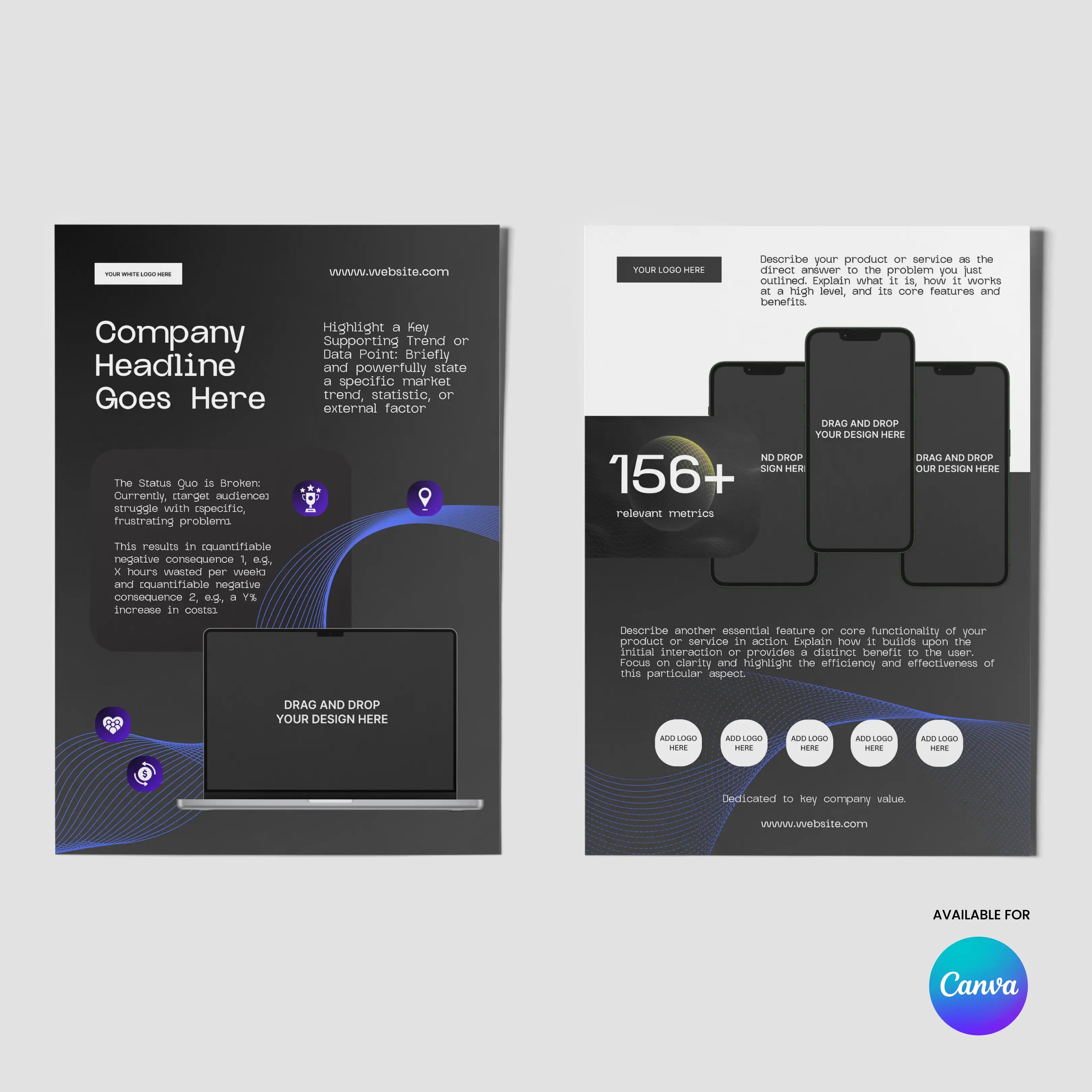 The One Pager Template - Black Edition for Canva from the Forma 30 Collection features a dark background, device mockups, purple location icons, headline and description sections—perfect as a sleek product sheet for startups, metrics, or sales teams.