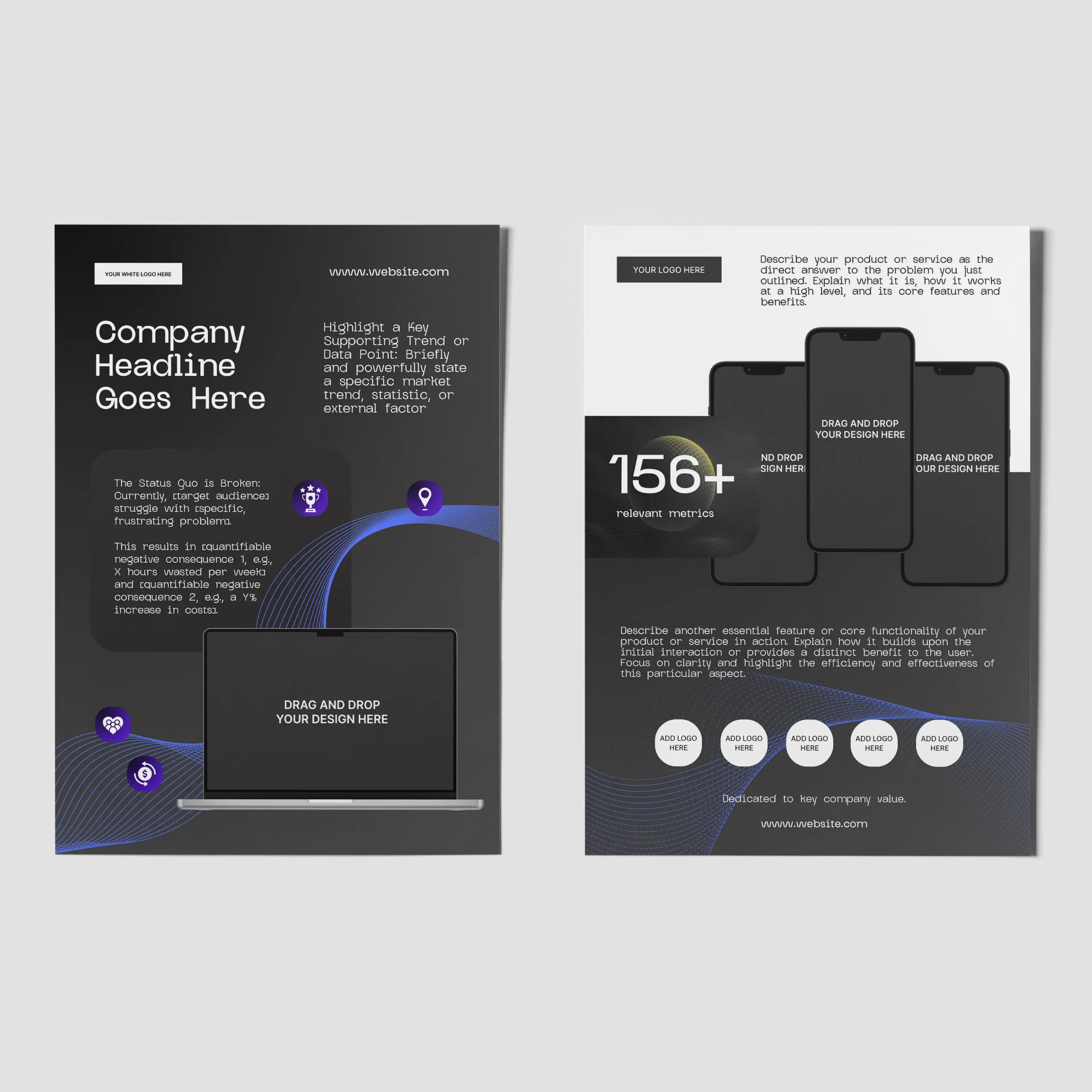 The One Pager Template - Black Edition for Canva (Forma 30 Collection) features a laptop cover with headline space and a second page with three smartphone mockups, metrics, and extra copy—perfect for sleek startup product sheets and sales teams.
