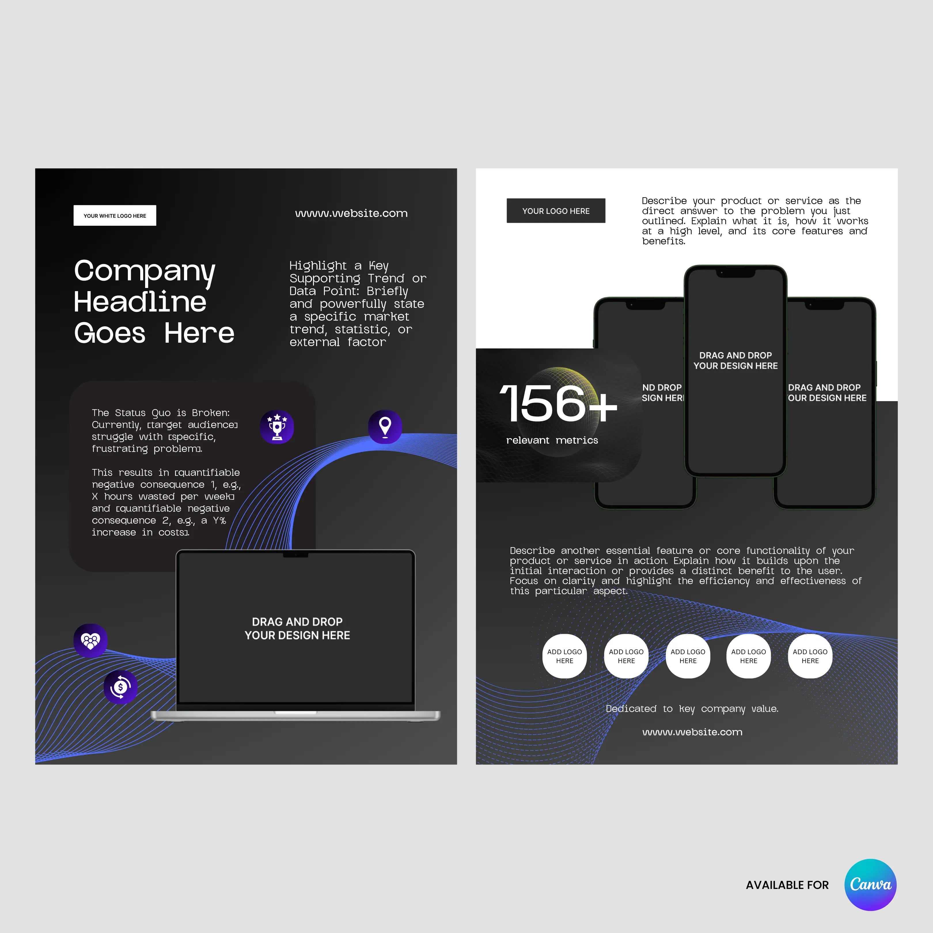 Showcase your tech business with the One Pager Template - Black Edition for Canva (Forma 30 Collection): left side highlights a laptop with abstract graphics; right side displays smartphones—perfect for startup pitch sheets and sleek product presentations.