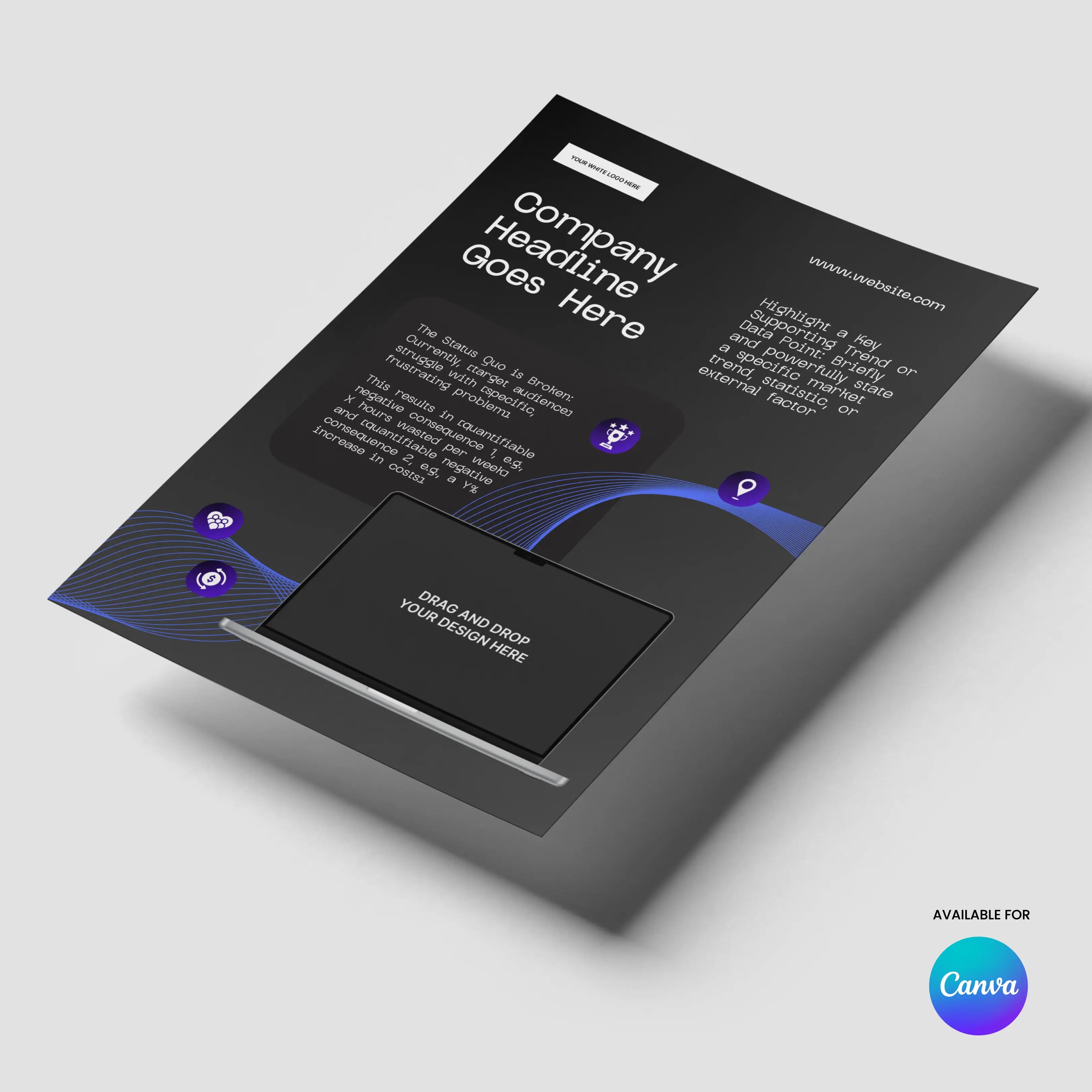 The One Pager Template - Black Edition for Canva (Forma 30 Collection) is a sleek product sheet for startups and sales teams, featuring a dark background with purple accents, bold headlines, icons, laptop illustration, and drag-and-drop image box.