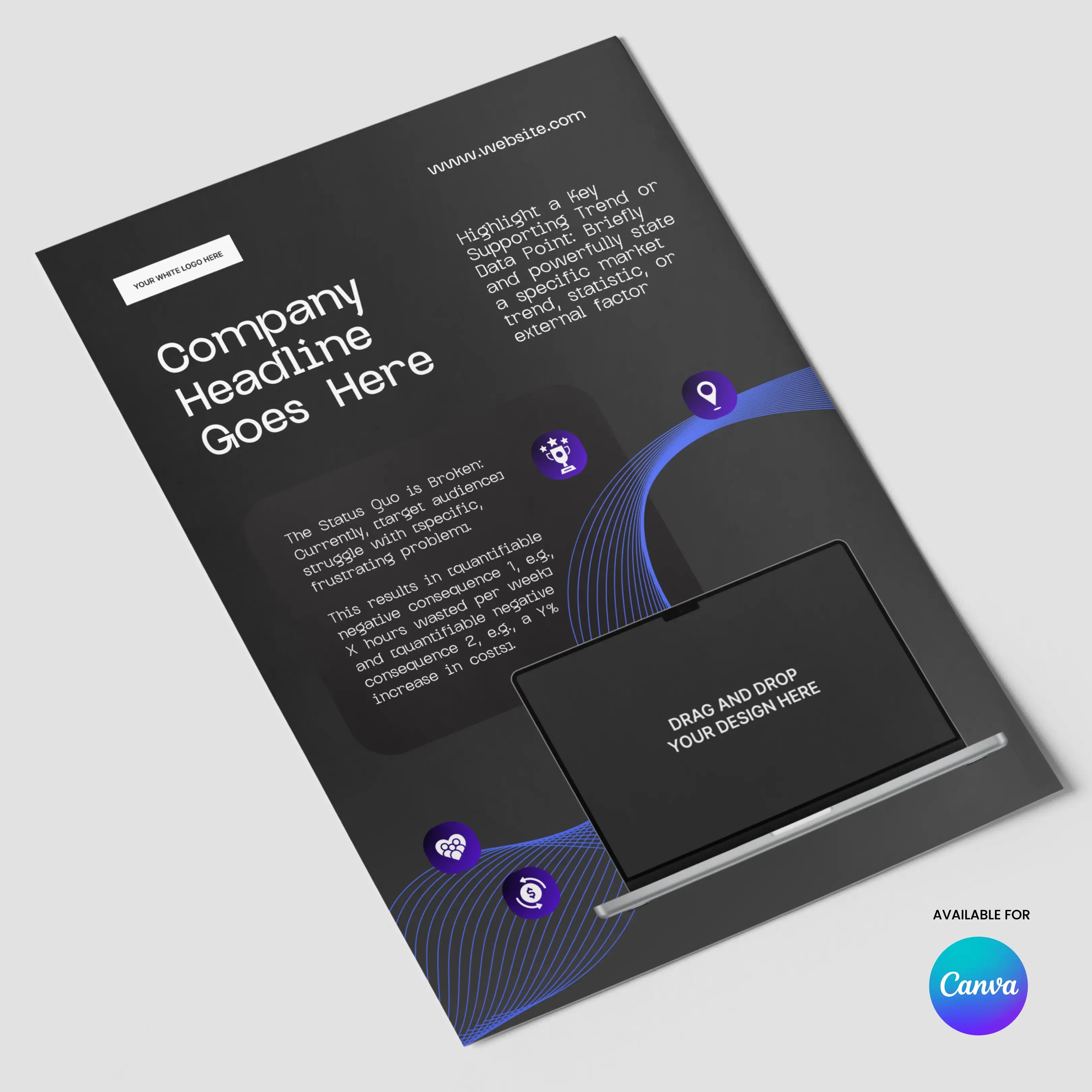 The One Pager Template - Black Edition for Canva from the Forma 30 Collection is a sleek product sheet for startups and sales teams, featuring white text, blue accents, a laptop mockup, and sample sections. Canva logo shown in the bottom right.