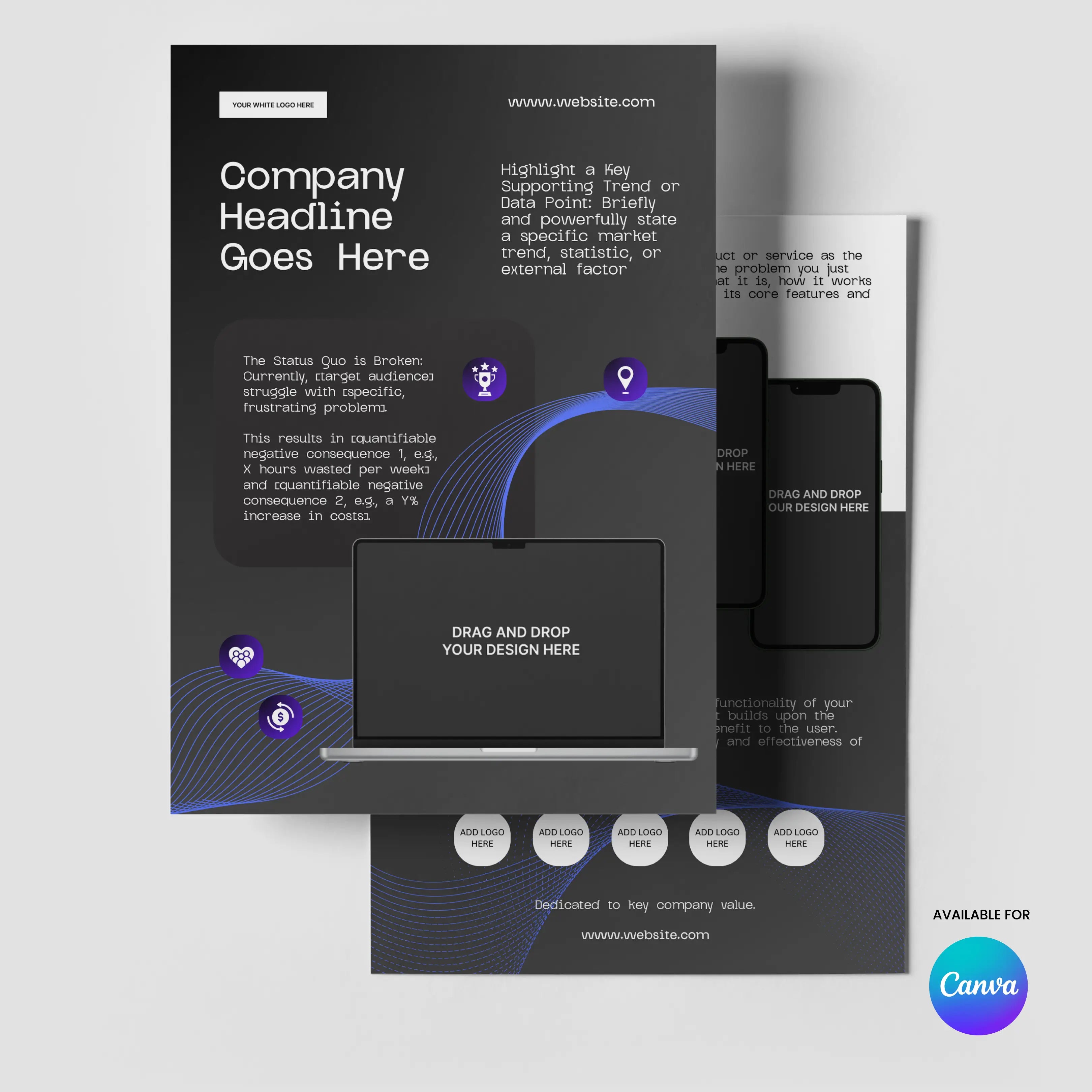 The One Pager Template - Black Edition for Canva | Forma 30 Collection features two sleek overlapping flyers with headline, website, bullet points, laptop image area, and Canva logo—perfect as a modern product sheet for startups and sales teams.