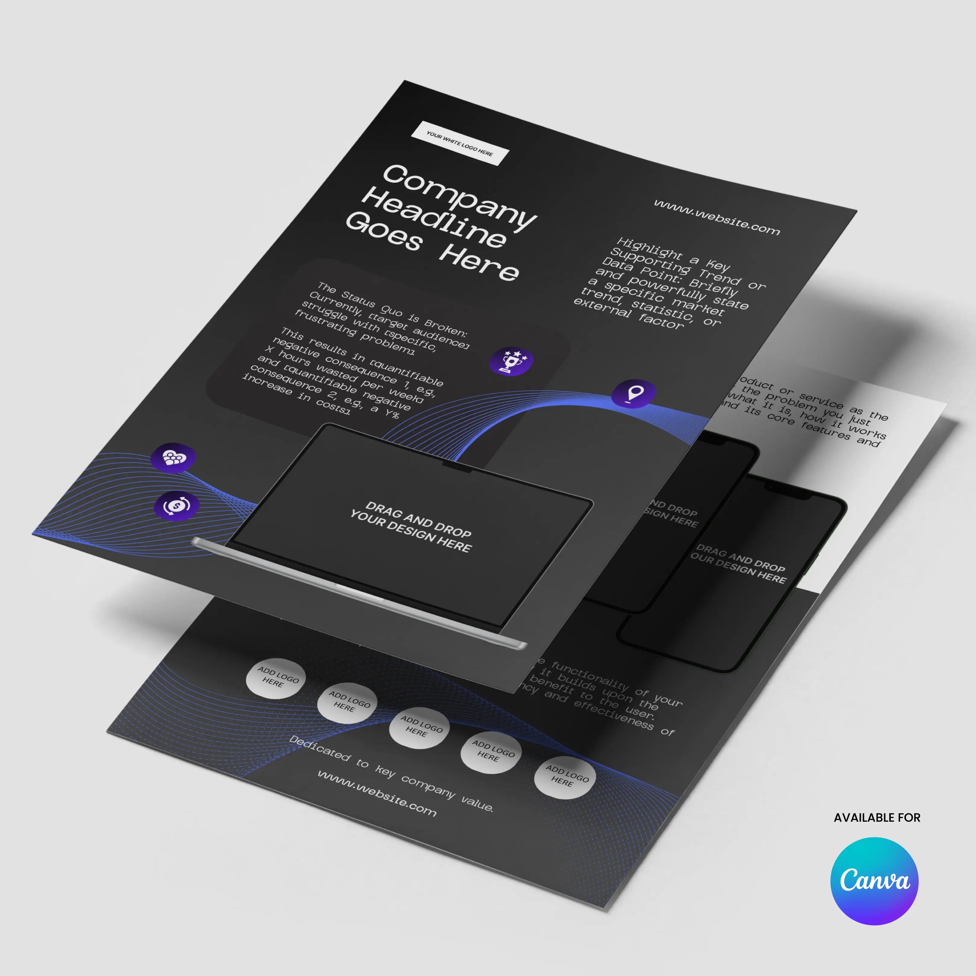 The One Pager Template - Black Edition for Canva from the Forma 30 Collection is a sleek, angled product sheet for startups, metrics, and sales teams—includes headline, image, highlights, contacts, and a Canva badge bottom right.