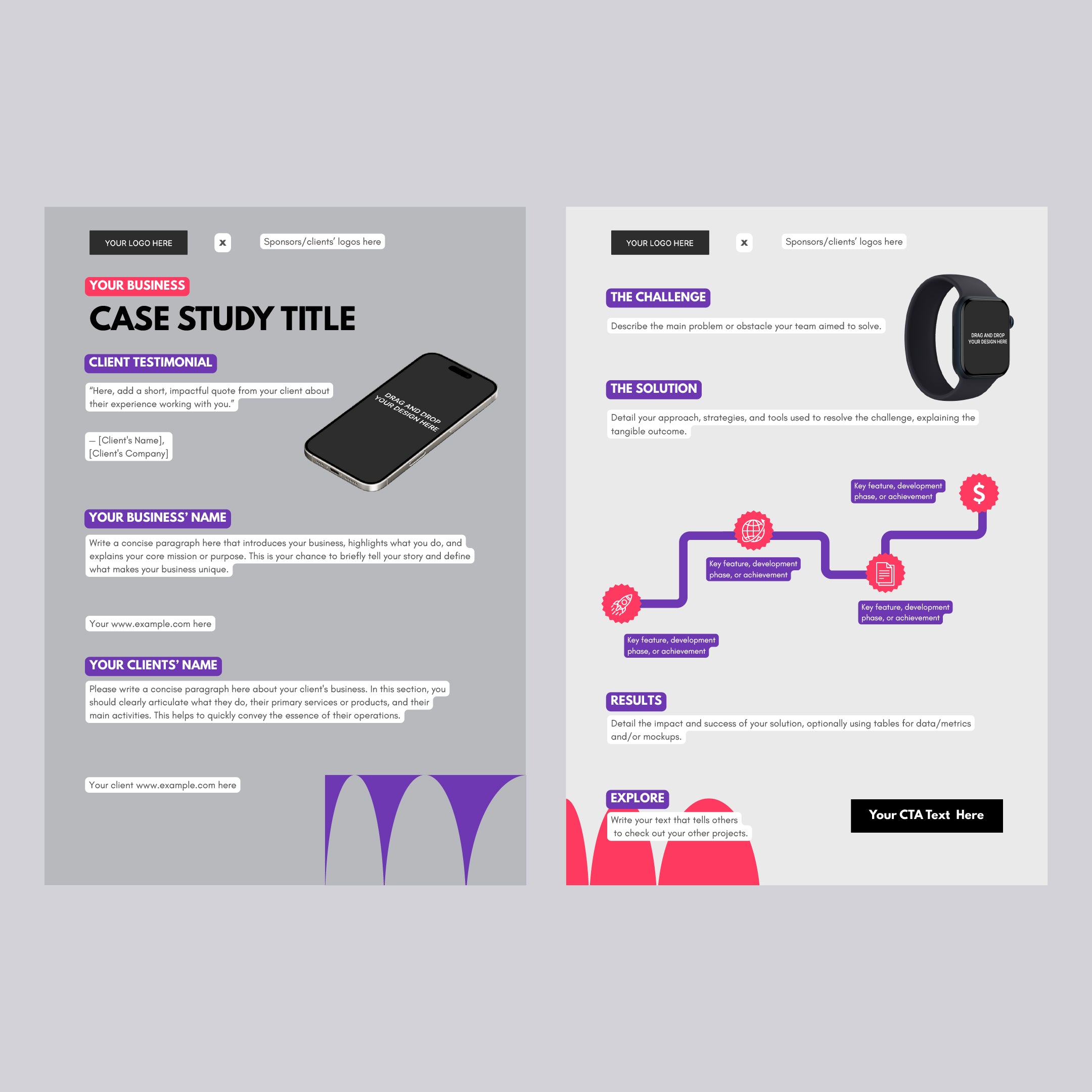 The Canva Case Study Template - Forma 10 Collection is an editable business report for projects, services, and client work. Features include placeholders for story elements, logos, timeline, phone and smartwatch graphics—ideal as a customizable Canva template.
