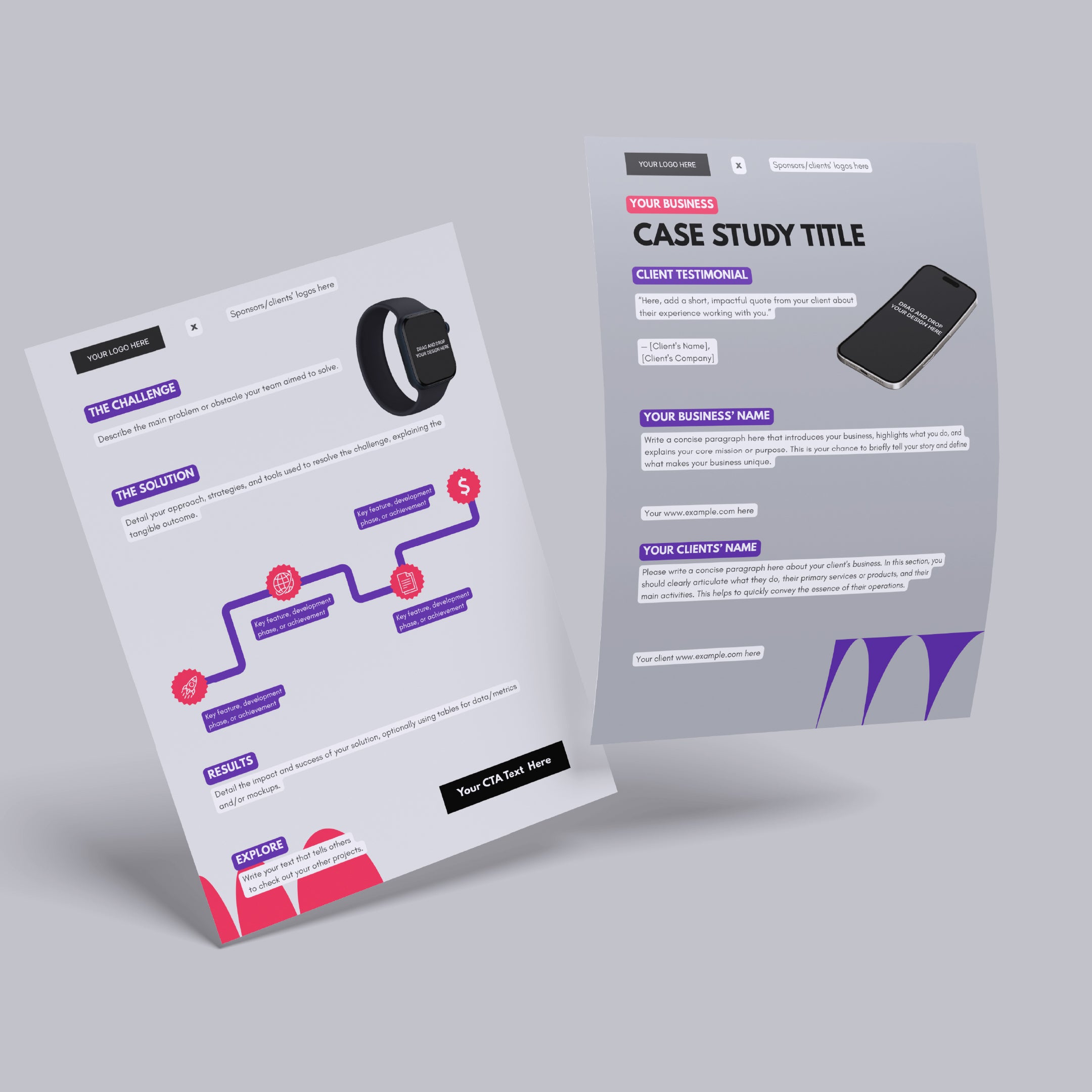 Showcase your projects with the Canva Case Study Template - Forma 10 Collection: includes two editable sheets—one with a smartwatch and timeline, another with a smartphone, featuring client stories, testimonials, and results on a light grey background.