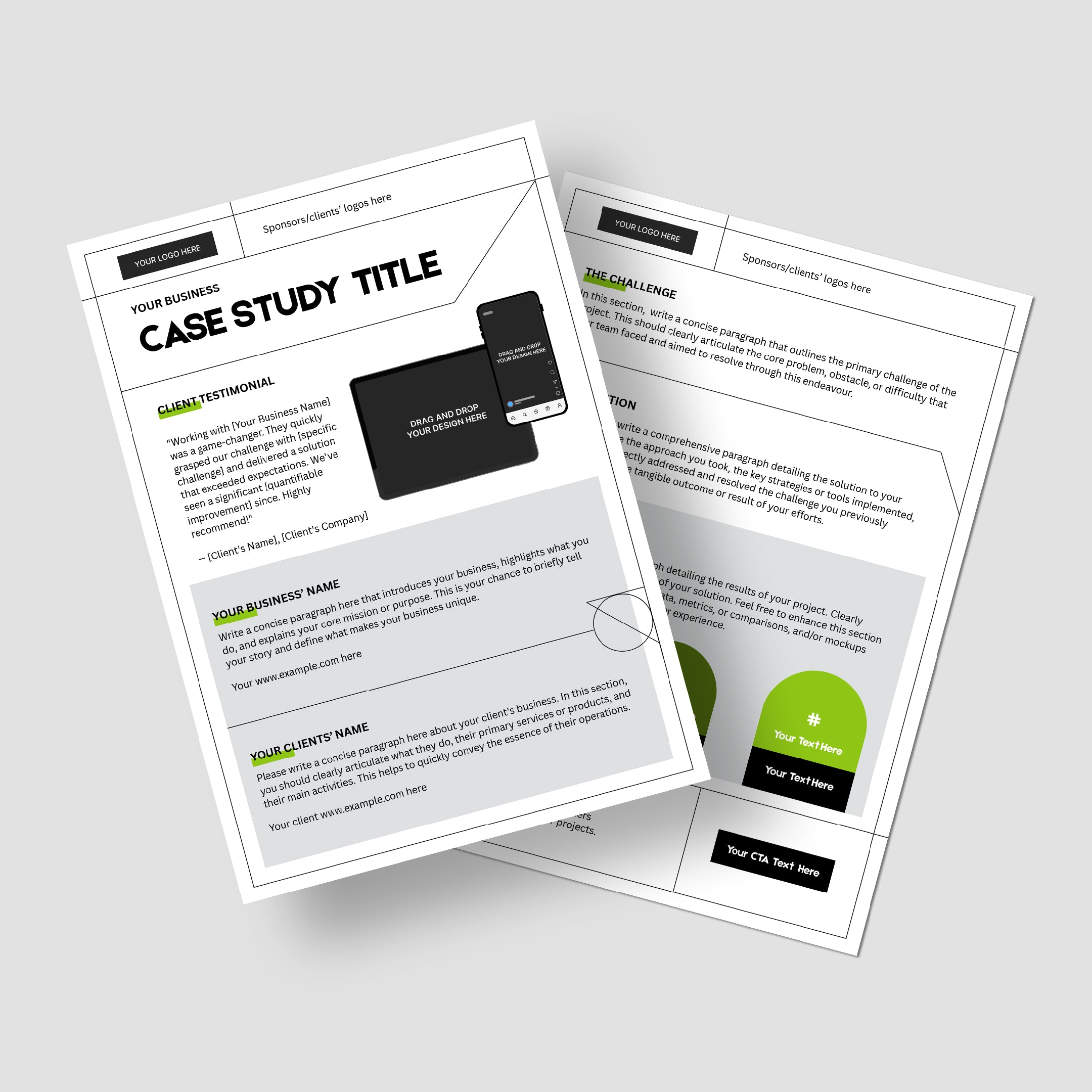 Two angled pages of the Client Case Study Template—Editable Canva Layout from the Forma 20 Collection—showcase headings, project highlights, testimonial sections, icons, and areas for client/sponsor details in a clean format, perfect for startups.