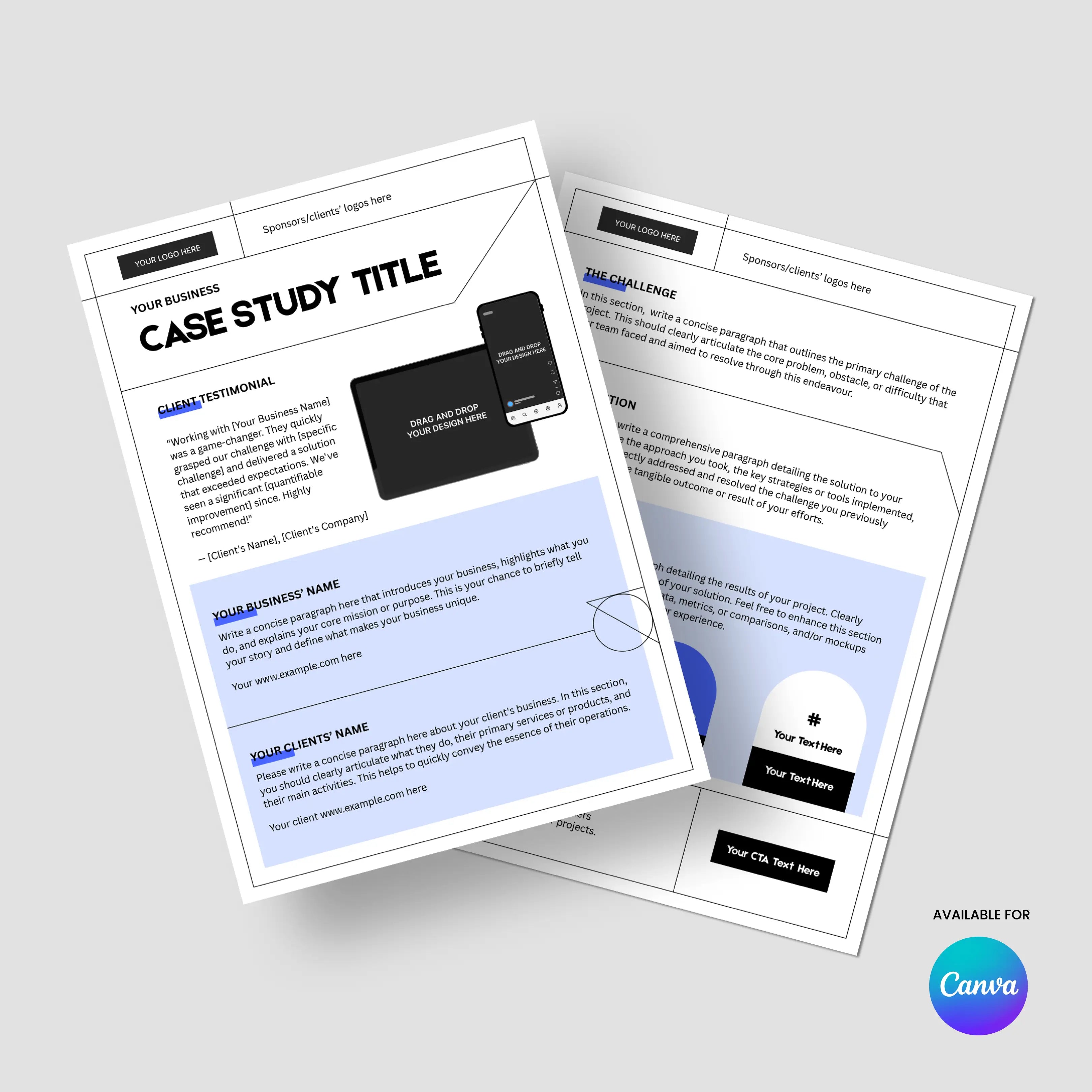 Two angled pages of the Case Study Template for Canva - Forma 20 Collection display editable sections for client onboarding, projects, testimonials, and graphics on a white background. The Canva logo appears at the bottom right.