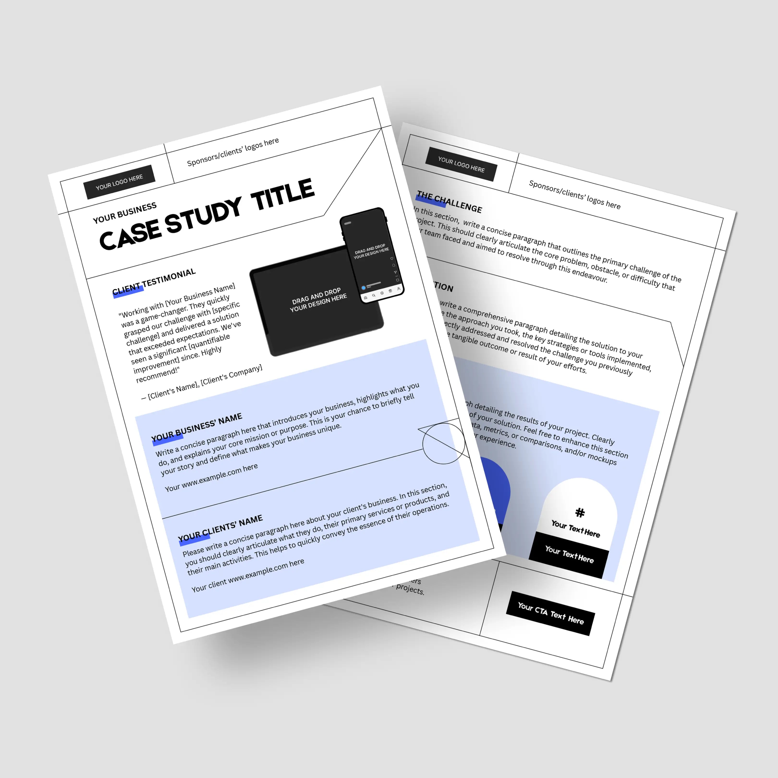 The Case Study Template for Canva from the Forma 20 Collection is shown on a light gray surface, with section headers, placeholders, graphics, image boxes, a smartphone mockup, and call-to-action buttons—perfect for showcasing client results and testimonials.