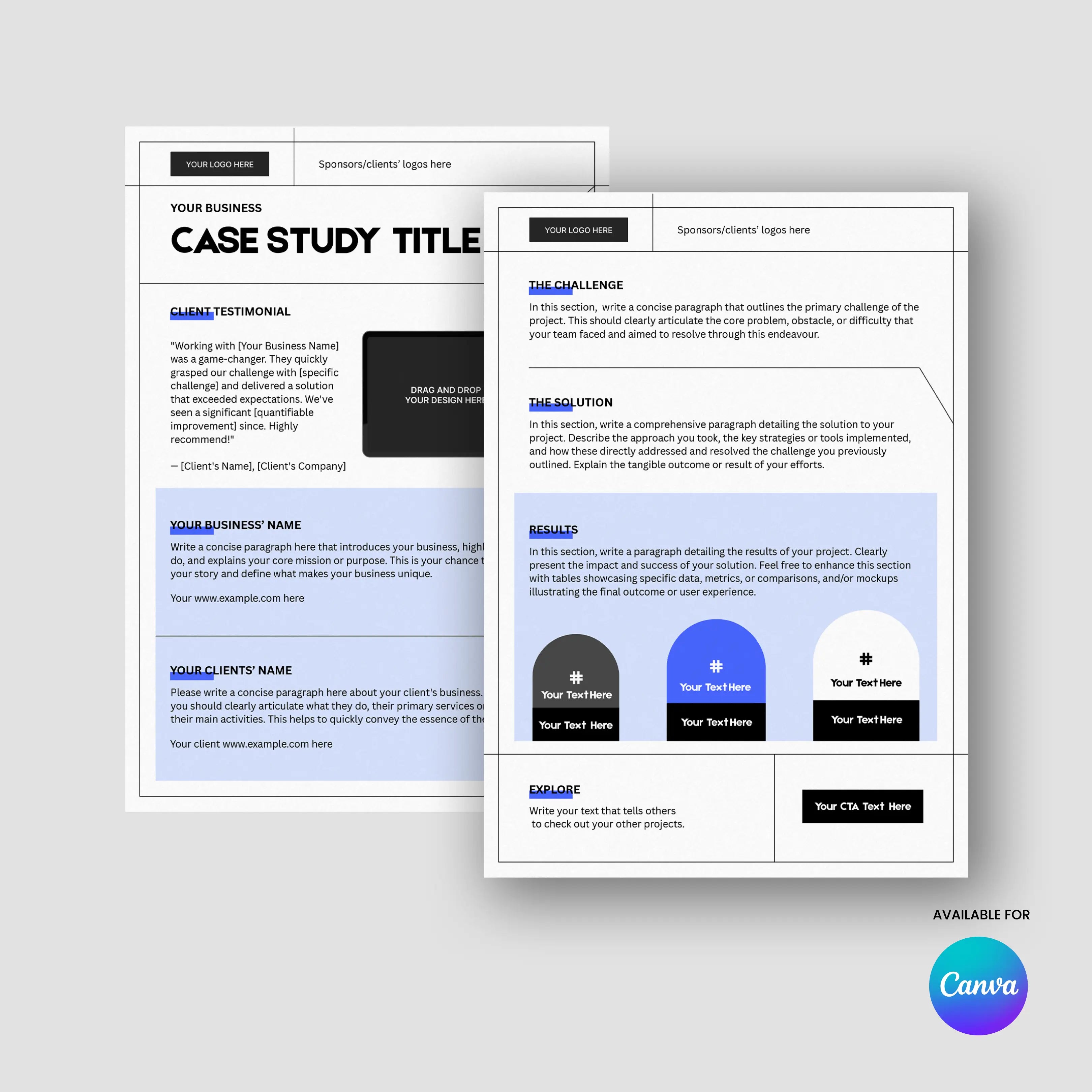 The Case Study Template for Canva - Forma 20 Collection is a black and white editable one-pager with sections for testimonials, business info, onboarding, challenge, solution, results, and call-to-action buttons. Canva logo appears bottom right.