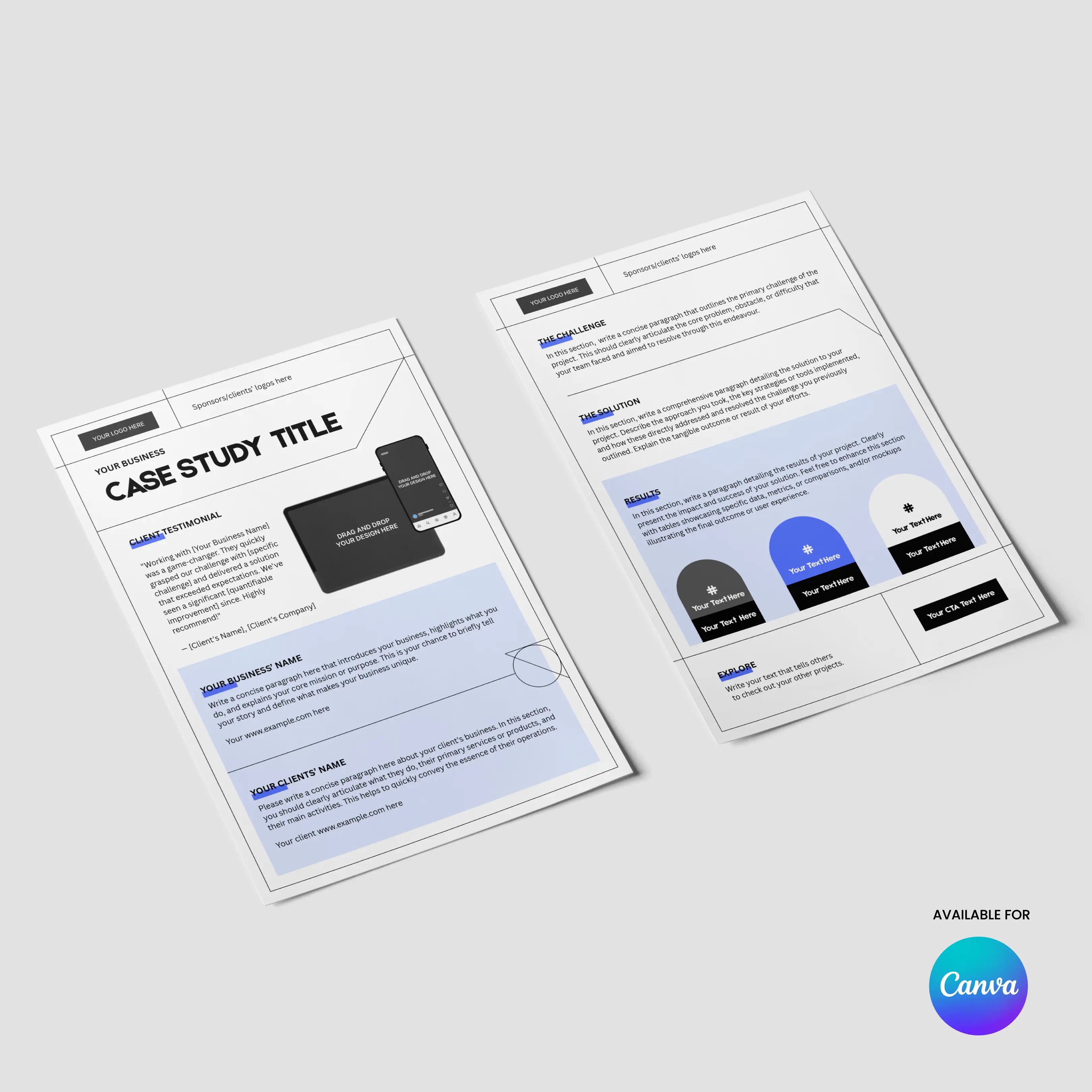 Two printed Forma 20 Case Study Template designs for Canva, featuring black and blue text, graphics, and device mockups, sit on a light gray surface. The bottom right corner displays a Canva logo and “Available for Canva” text.