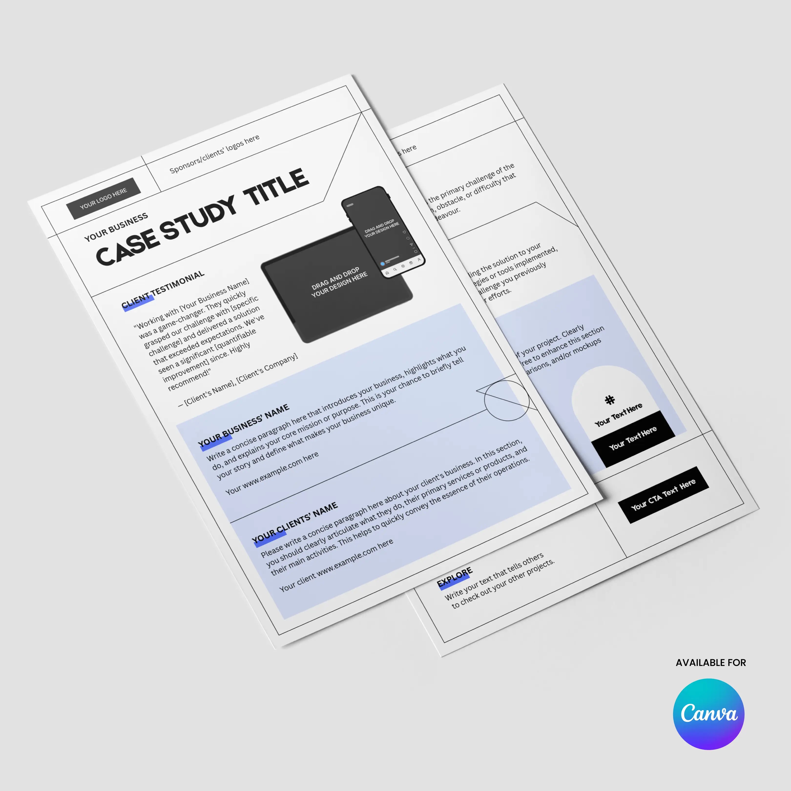 The Case Study Template for Canva - Forma 20 Collection is an editable one-pager with black and blue text on white, sections for title, intro, business/client name, website mockup, perfect for client results and onboarding. Canva logo bottom right.