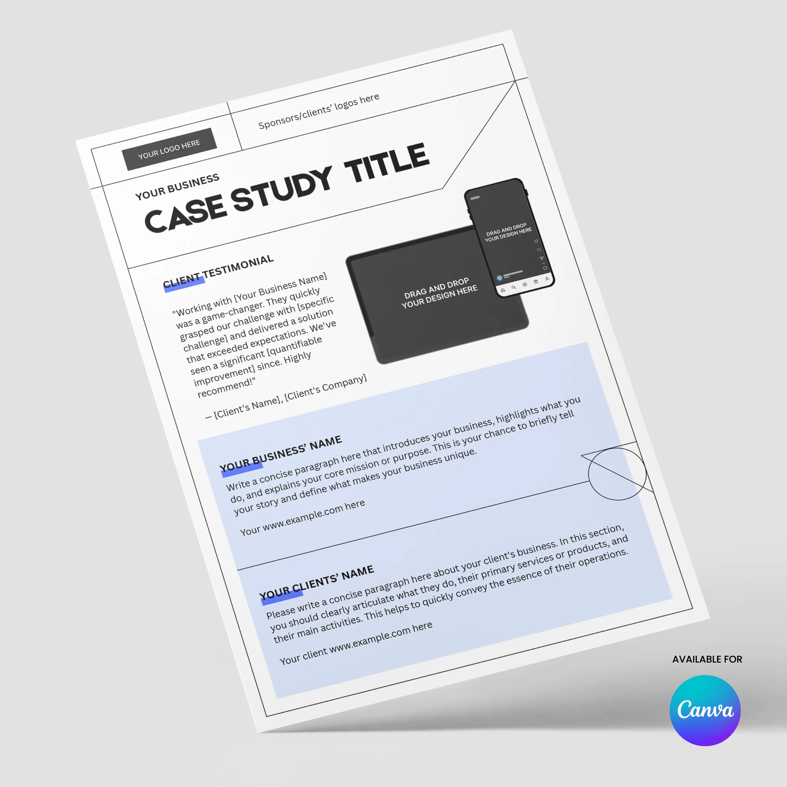 Part of the Forma 20 Collection, the Case Study Template for Canva is an editable one-pager for client results, projects, and testimonials, featuring gray and blue accents plus a circular Canva logo in the bottom right corner.