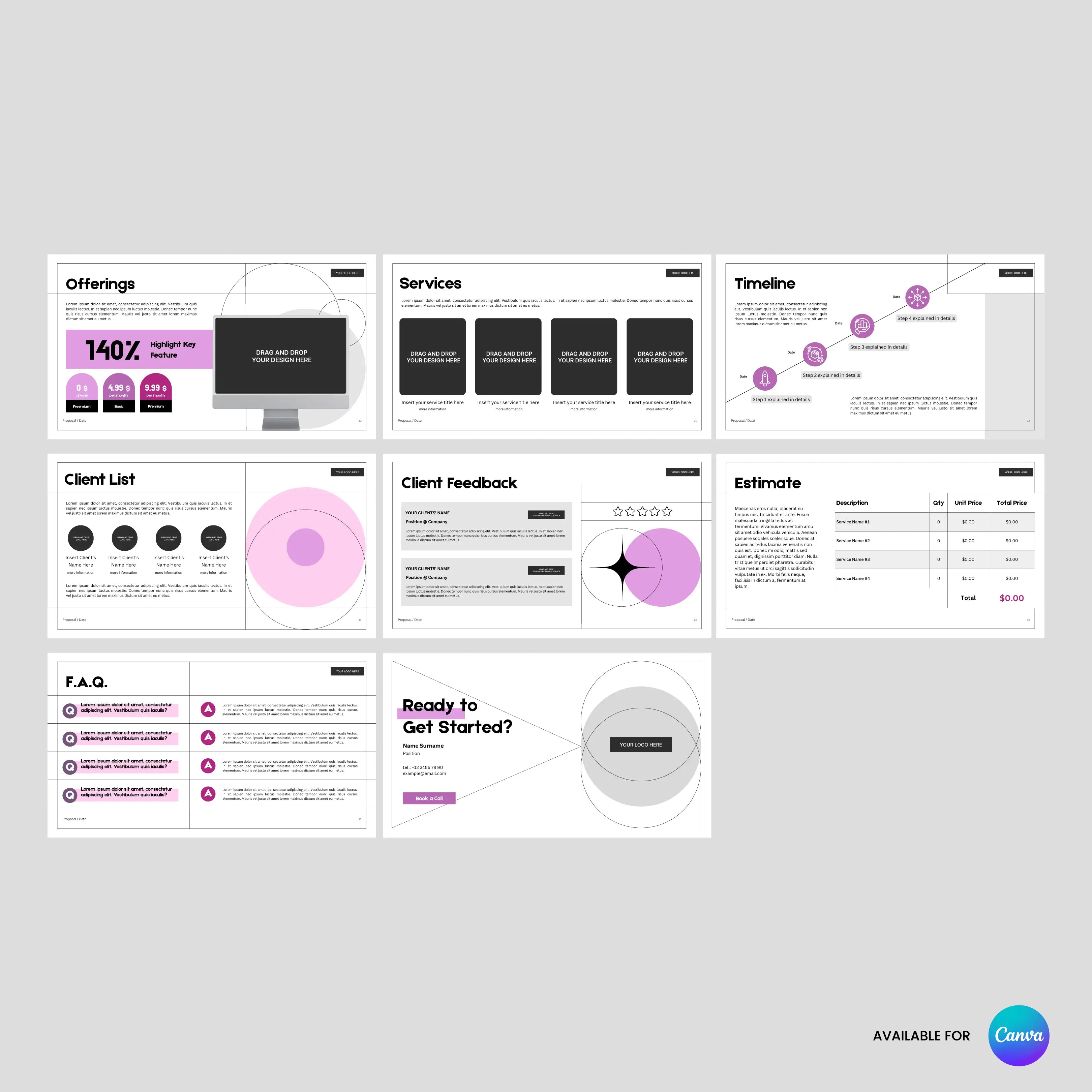 The Client Offer Deck Template from the Forma 20 Collection includes eight Canva-editable slides—offerings, services, timeline, clients, feedback, estimate, FAQ, and call to action—with modern black, white, and pink accents.