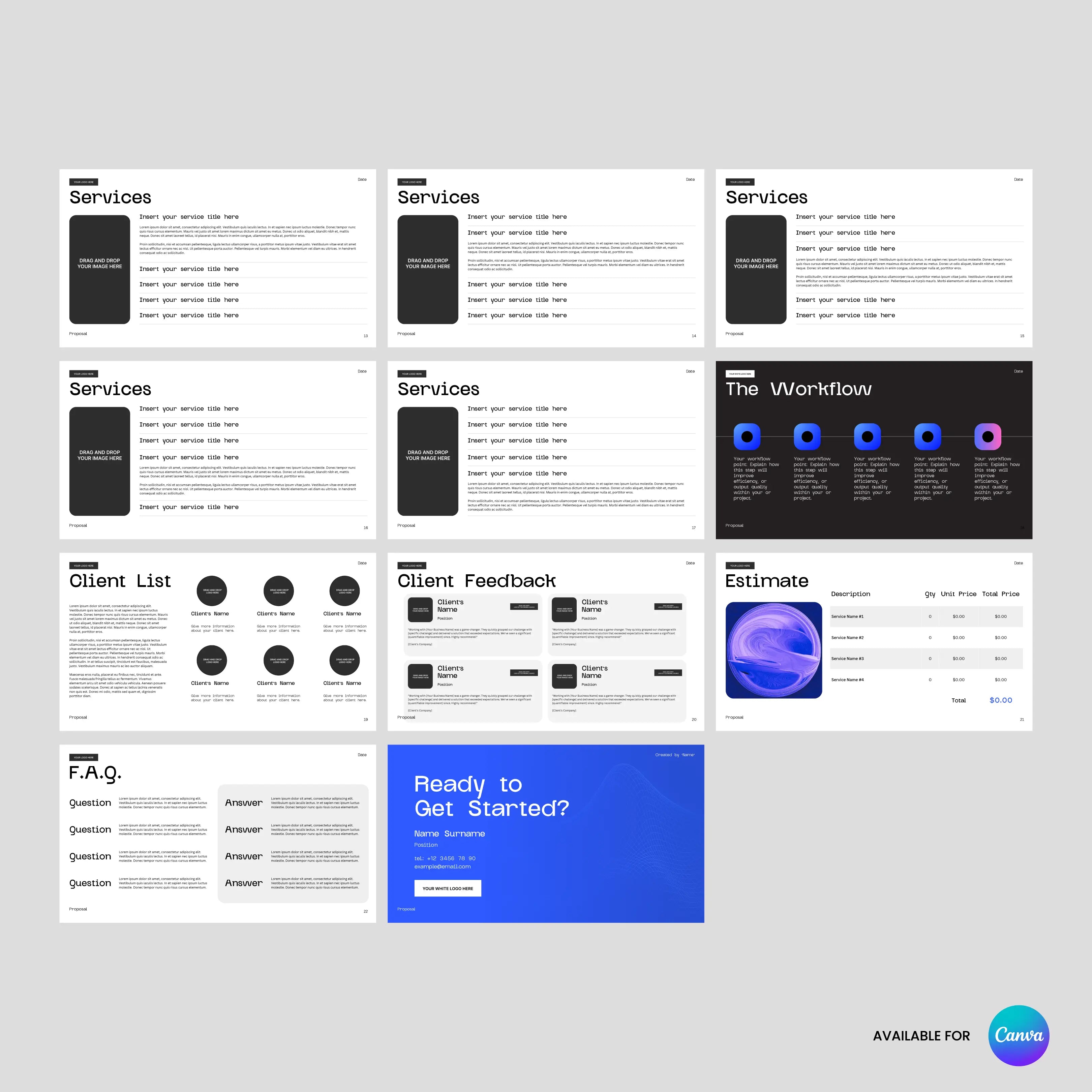 Showcase services, workflow, clients, feedback, FAQ, and estimates with the Bold Blue Proposal & Pricing Template - Canva Editable | Forma 30. Ten sleek slides in black, white, or blue—perfect for your next professional client presentation.