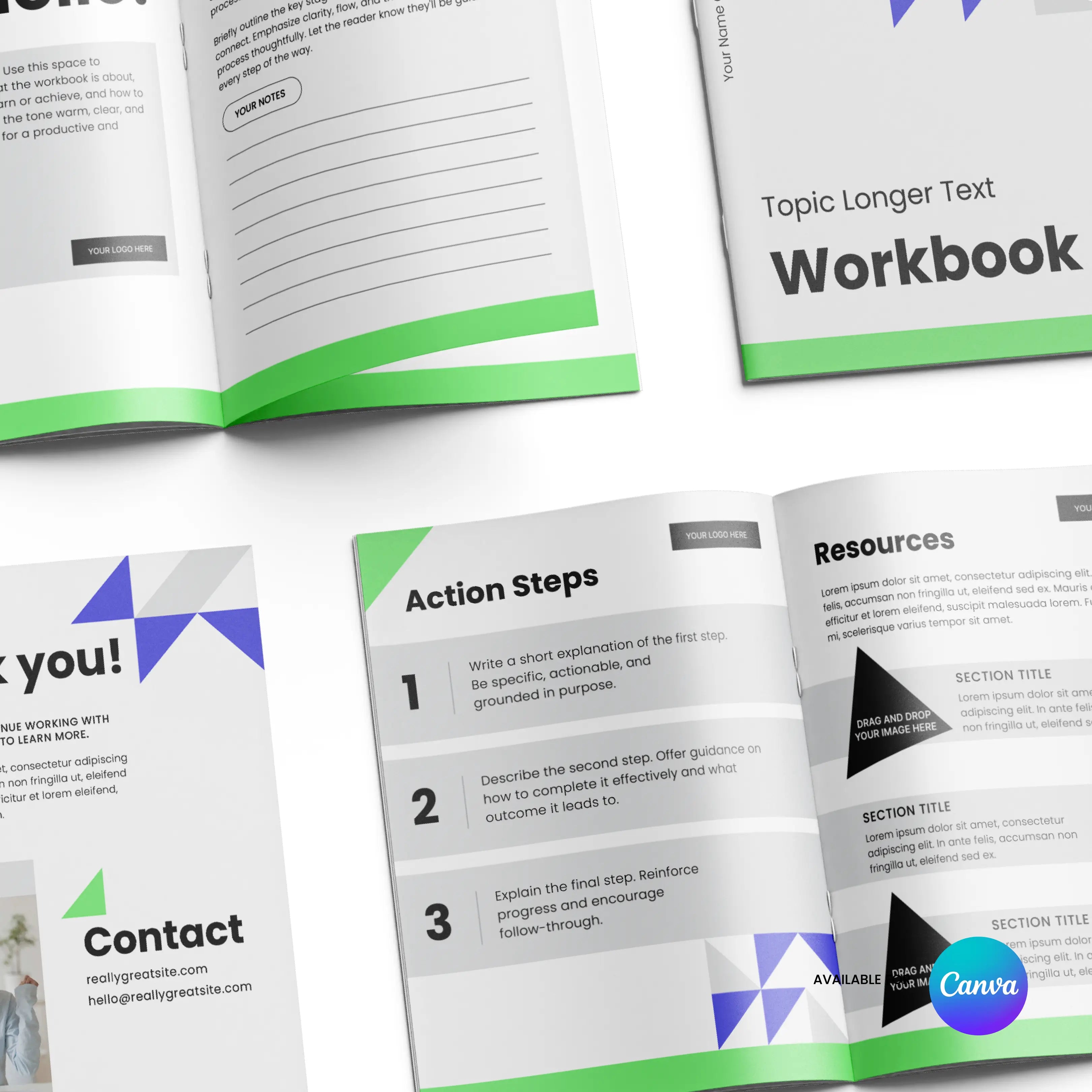 The Workbook Template for Canva - Forma 40 Edition features sections like Action Steps, Resources, Thank You!, and Contact. Its green, purple, and gray design with sample text and Canva logo is perfect as a lead magnet to engage your audience.