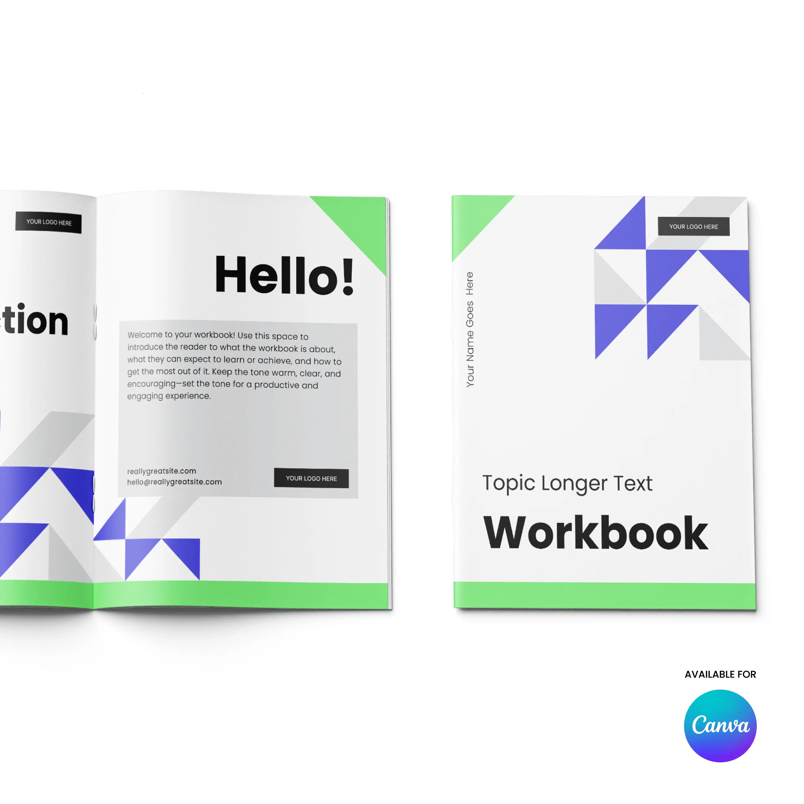 The Workbook Template for Canva - Forma 40 Edition features a geometric blue, grey, and green cover with customizable text and a “Canva” logo. The open page displays a greeting and intro. Structured, professional, and fully editable design.