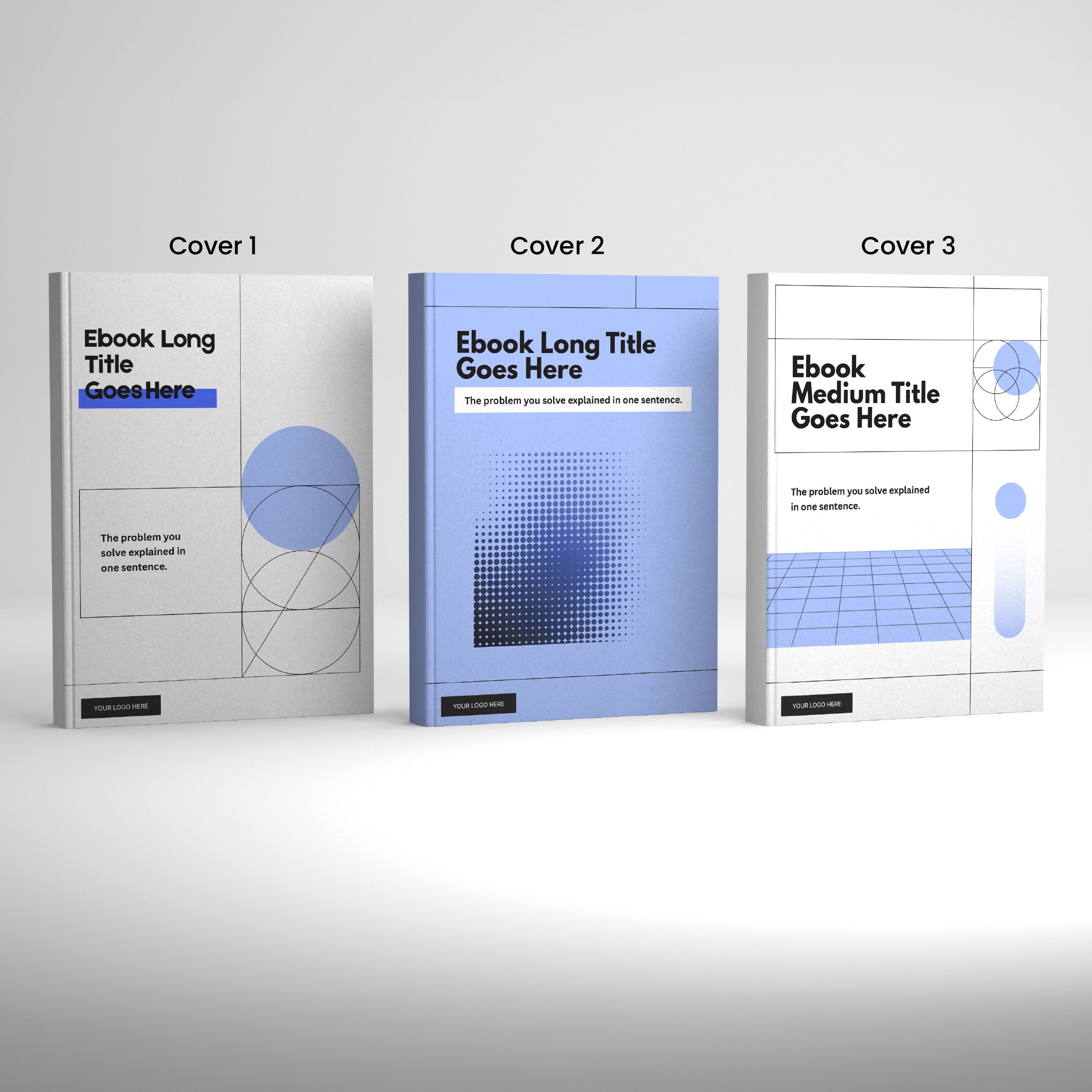 Three modern Canva ebook covers from the Forma 20 Collection feature minimalist blue, gray, and white designs with geometric accents and editable placeholders for titles—perfect for digital books, lead magnets, and reports.