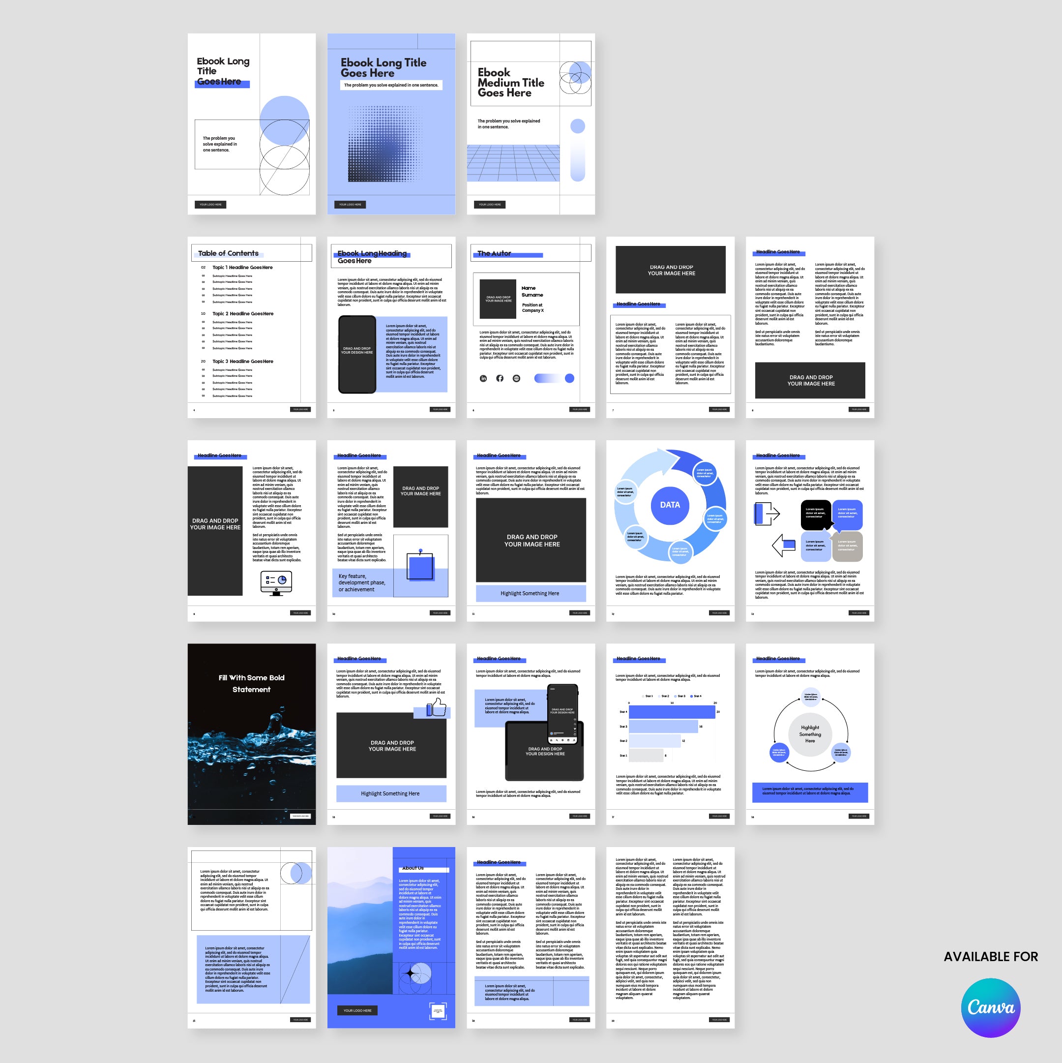 The eBook Template for Canva – Forma 20 Collection features 20 editable pages in blue, black, and white with title, contents, text, photos, charts, infographics & callouts—ideal for digital books, lead magnets & reports.