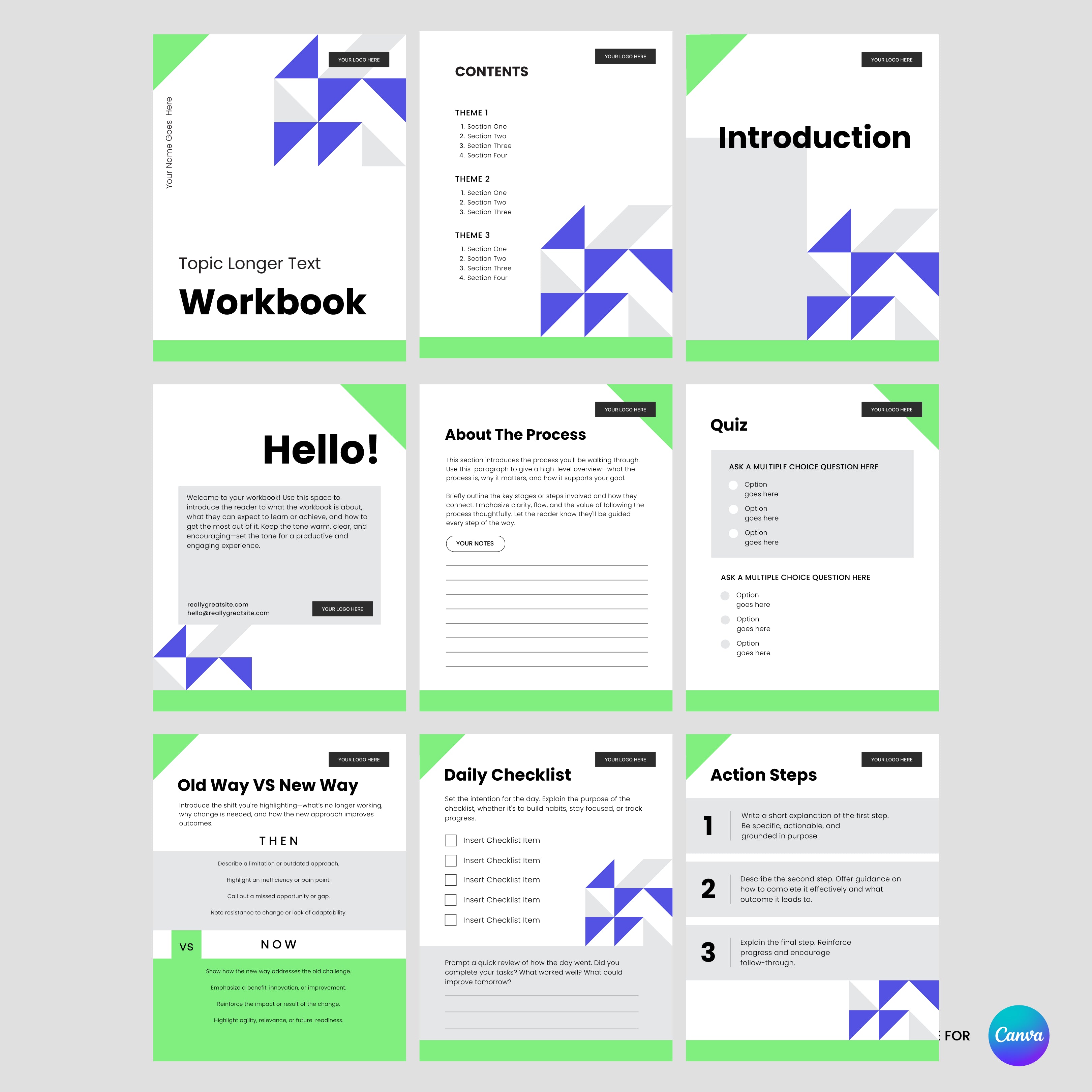 The Workbook Template for Canva - Forma 40 Edition features 9 structured, editable pages with geometric blue & purple designs, green corners, and black text—includes cover, contents, intro, quiz, chart & more. Ideal as a professional lead magnet.