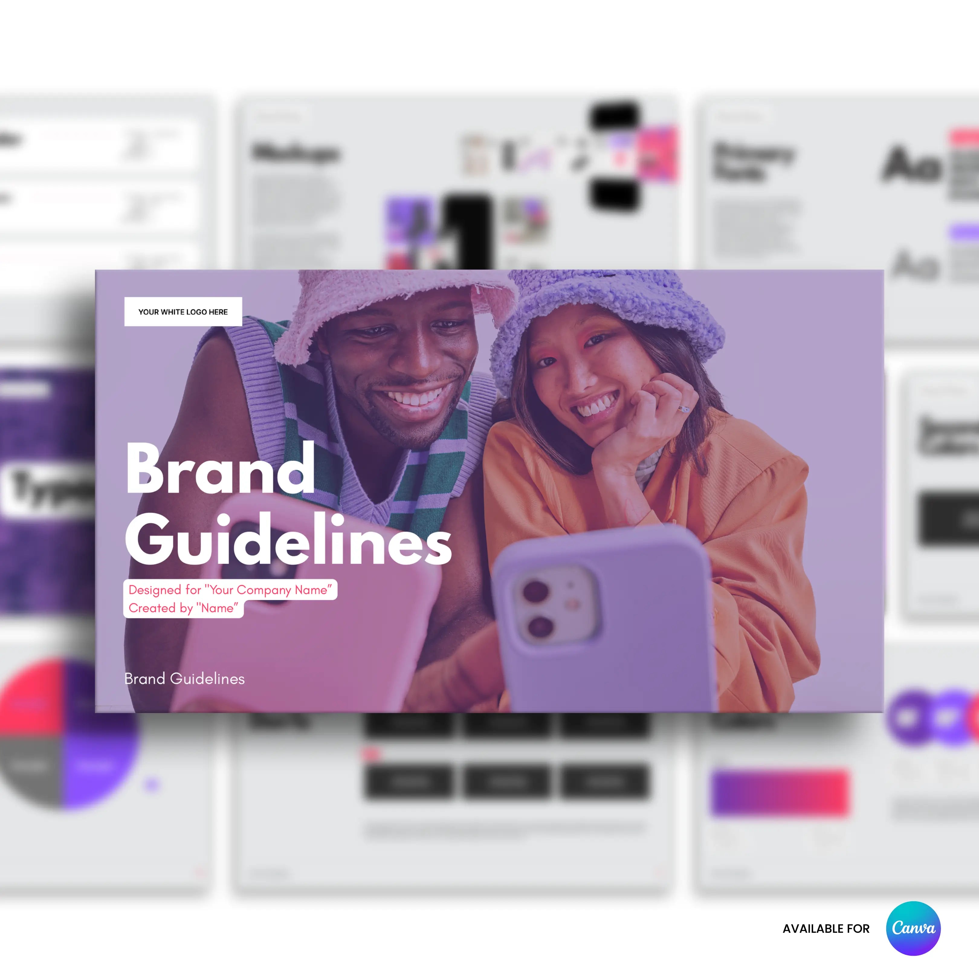 Two people wearing hats smile at a smartphone, with text reading Brand Guidelines Template for Canva - Forma 10 Collection | Editable Brand Book for Creative Startups, Social Brands & Visual Identities over blurred Canva templates in the background.