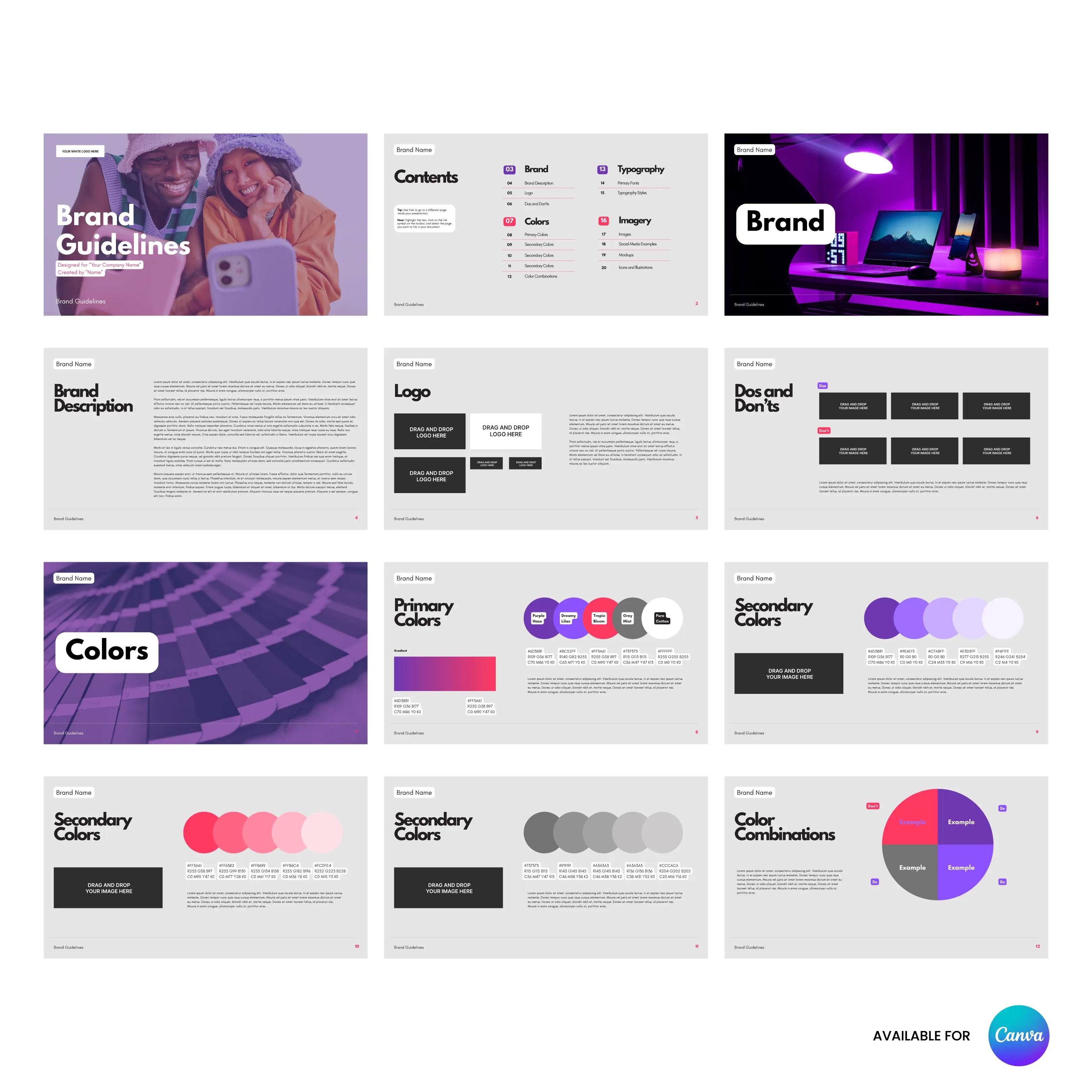 The Forma 10 Brand Guidelines Template for Canva is a 12-slide editable brand book featuring modern purple, pink, and gray styles—ideal for creative startups and social brands—with sections for brand description, logo use, dos & don’ts, and color palettes.