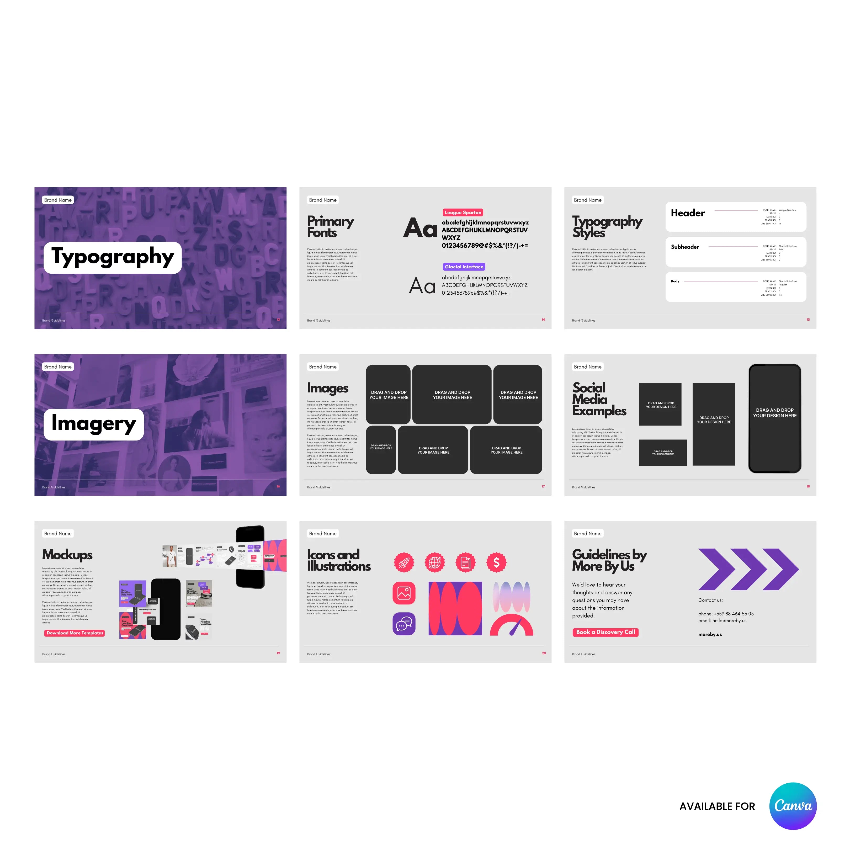 The Forma 10 Brand Guidelines Template for Canva offers 9 slides for creative startups and social brands, covering typography, images, mockups, icons, social media, and usage in a purple/black/white palette. Canva logo appears bottom right.