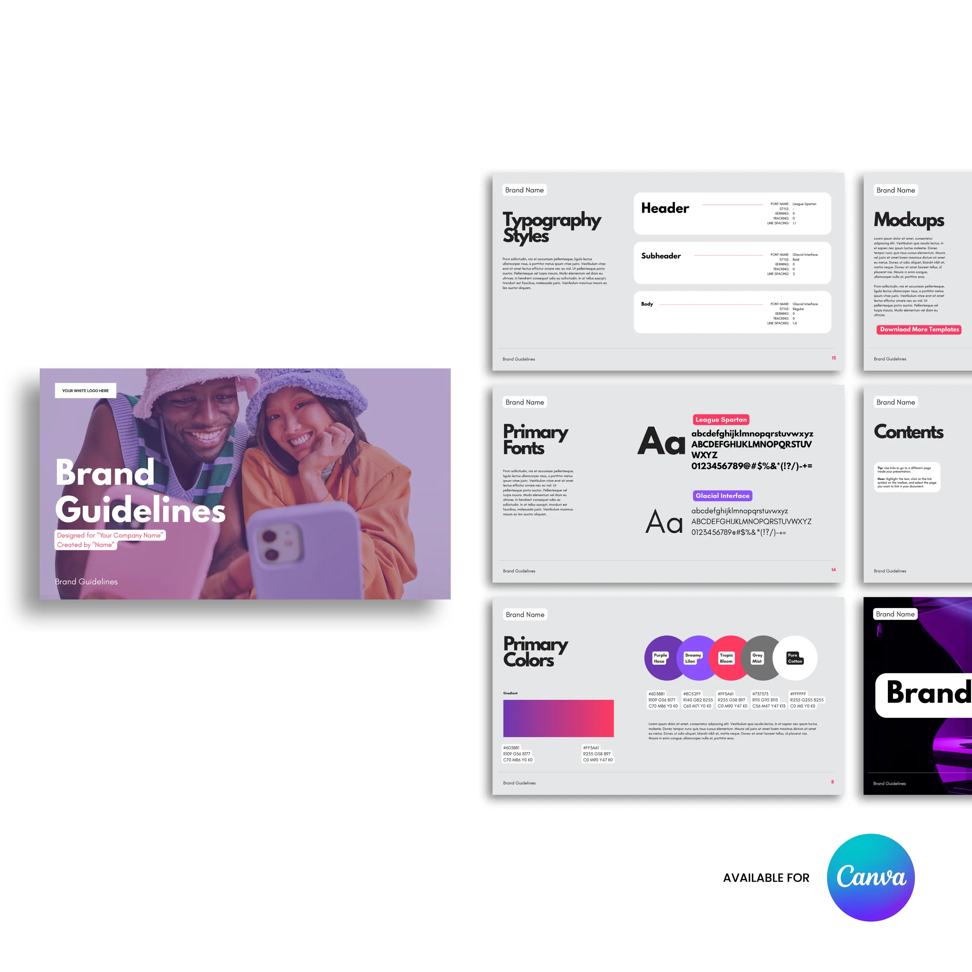 The Brand Guidelines Template for Canva – Forma 10 Collection features slides with typography, fonts, colors, mockups, and content. The cover shows a smiling man and child taking a selfie. The Canva logo is in the bottom right corner.