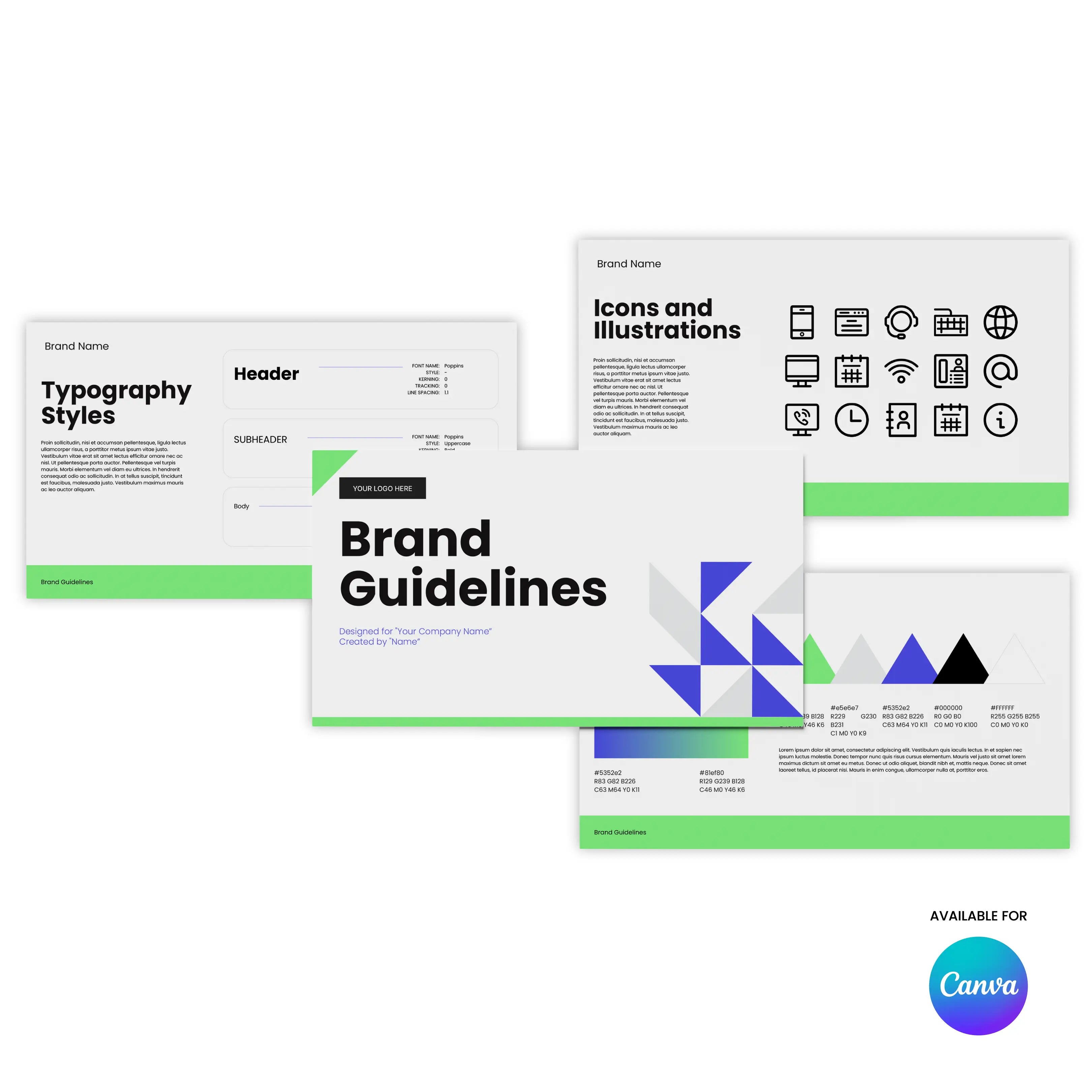 The Visual Identity Guidelines | Editable Canva Template for Professional Brand Books includes pages with typography, icons, illustrations, and geometric shapes on a white background with green accents—ideal for showcasing your brand identity.