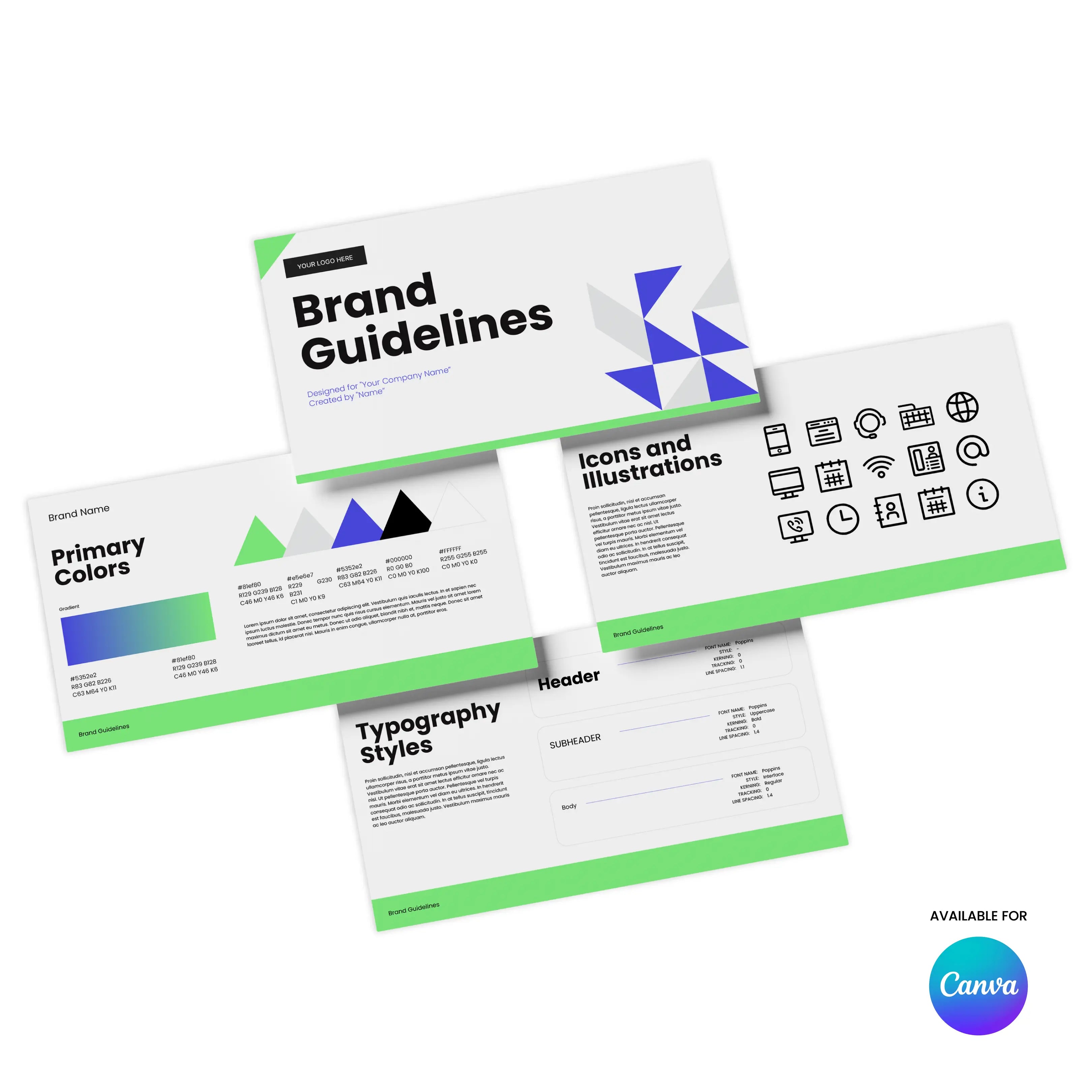 Four digital slides showcase the Visual Identity Guidelines | Editable Canva Template for Professional Brand Books, featuring a title, colors, typography, icons, and illustrations. The Canva logo marks this fully customizable branding template.