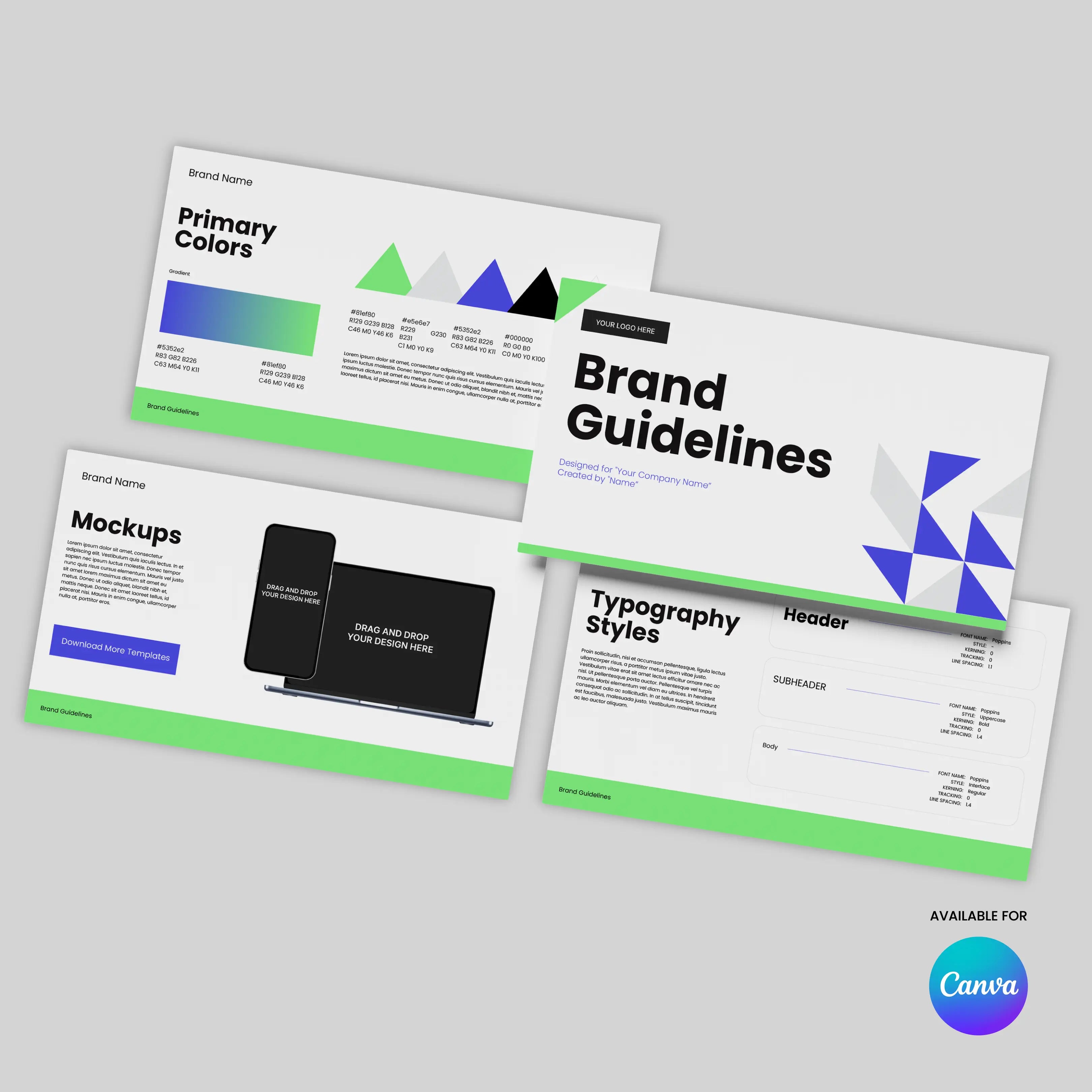 Three digital slides display Visual Identity Guidelines | Editable Canva Template for Professional Brand Books, featuring primary colors, geometric graphics, sample typography, and device mockups with the Canva logo on a gray background.
