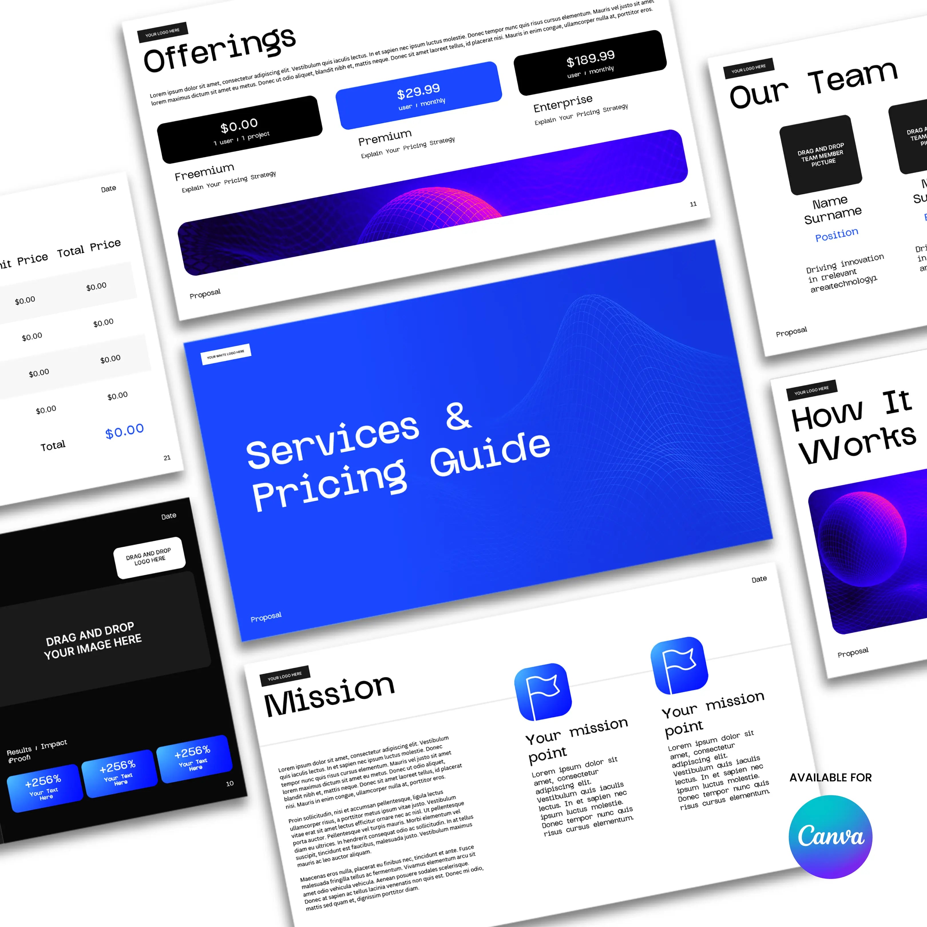 The Bold Blue Proposal & Pricing Template - Canva Editable | Forma 30 features six digital slides highlighting services, pricing, mission points, team members, and a How It Works guide—ideal for client presentations or as an editable Canva proposal template.