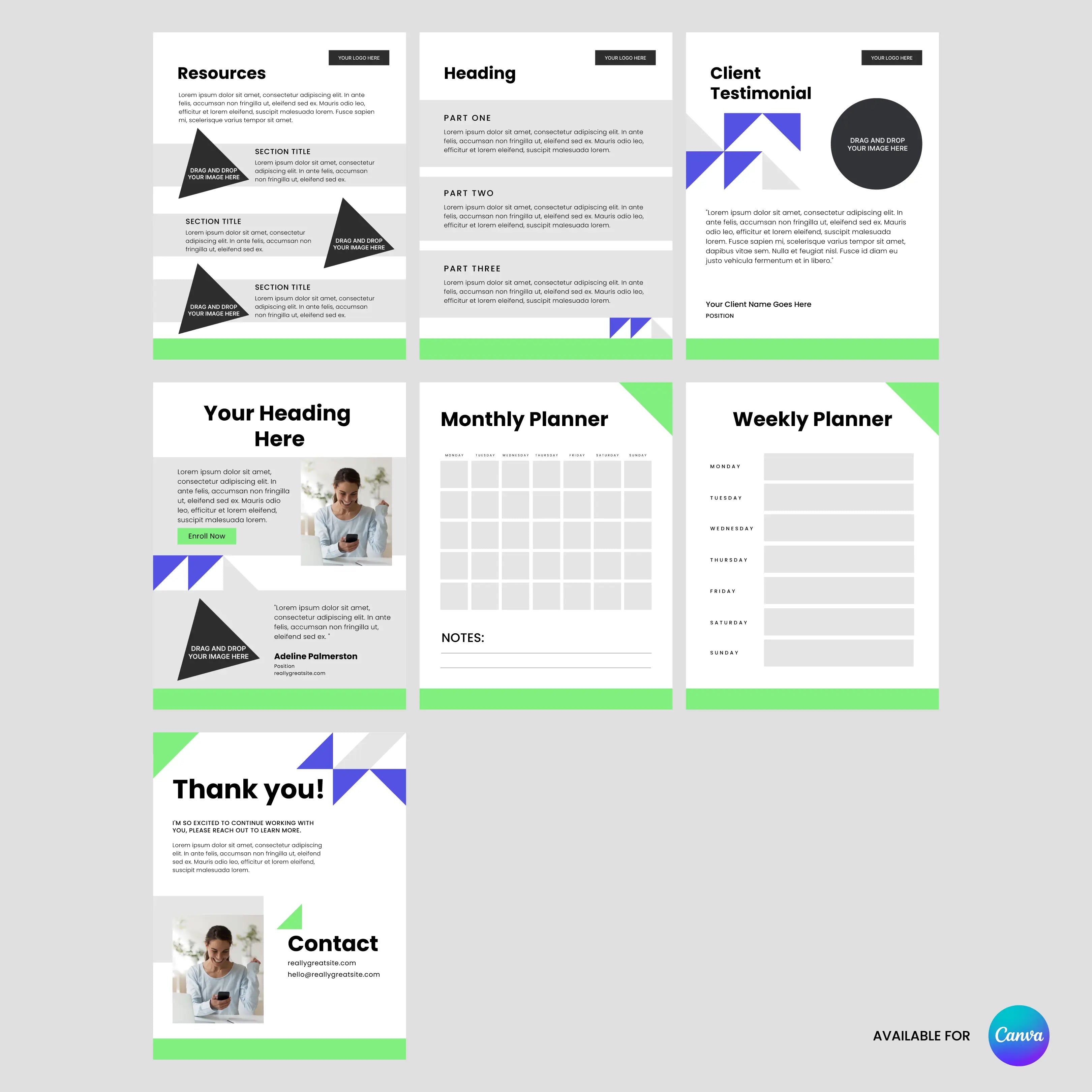The Workbook Template for Canva - Forma 40 Edition features 7 professionally structured, fully editable pages with black, white, gray, blue & green geometric accents—includes sections for resources, testimonials, planners & more. Ideal as a lead magnet or workbook.