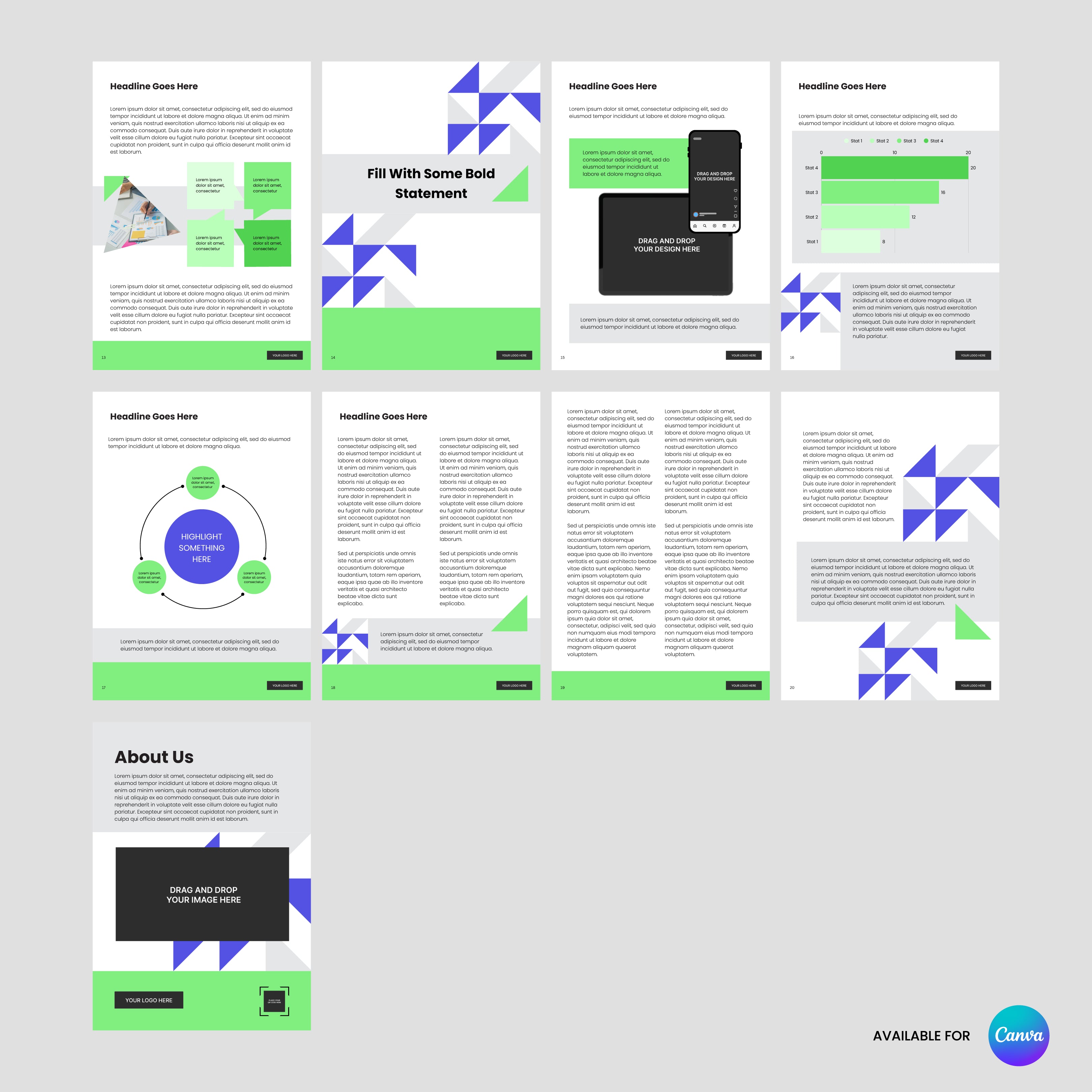 The Forma 40 Ebook Template for Canva offers nine editable pages with green, blue, and gray geometric accents, charts, headline/body/image sections, “About Us” and contact info on the last page, plus a Canva logo at the bottom right. Ideal for guides and reports.