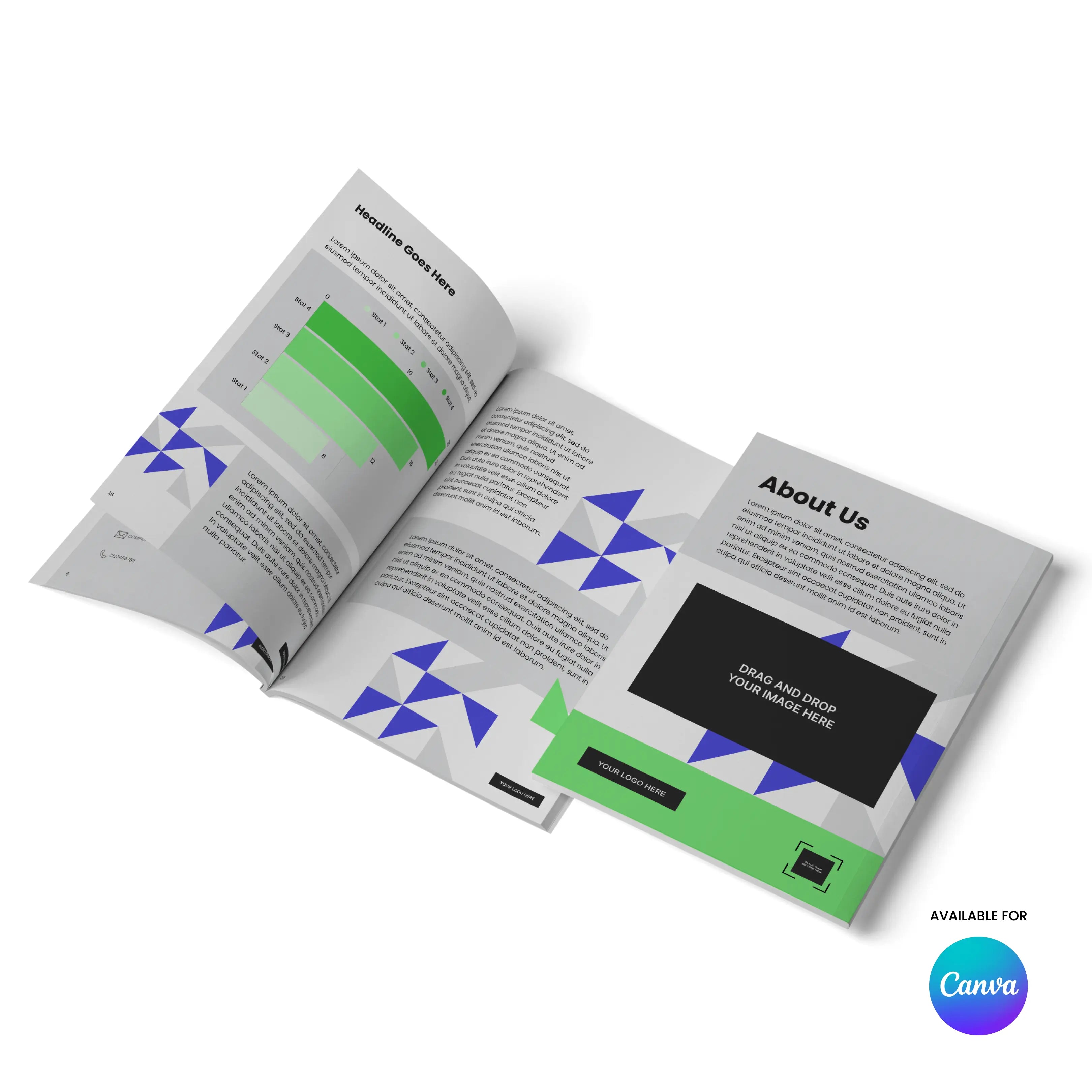 An open Ebook Template for Canva from the Forma 40 Collection features geometric blue and gray designs, a green bar graph, text sections, an image placeholder, and an editable Canva logo in the bottom right corner. Perfect for guides and reports.