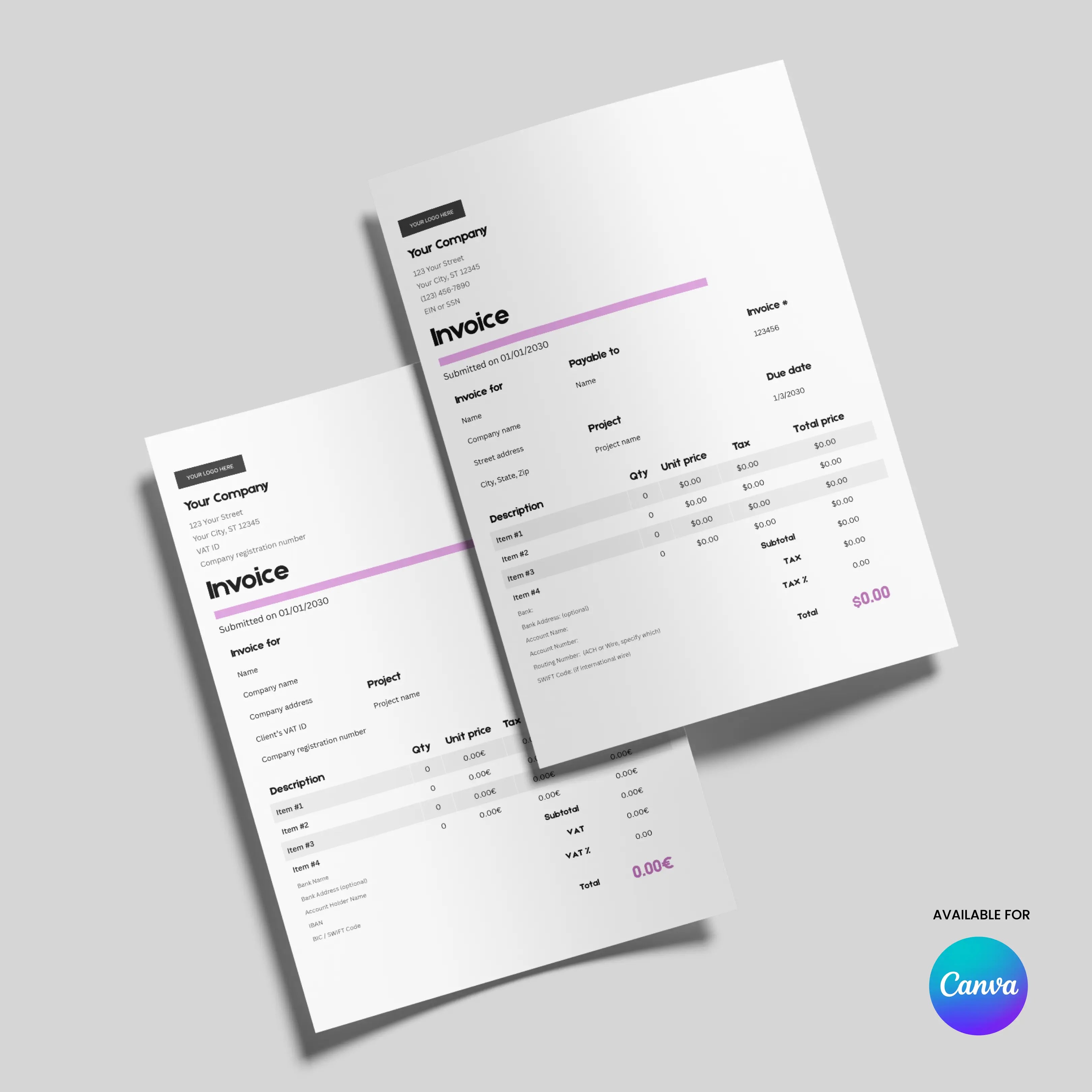 Two sheets display the Minimalist Invoice Template (EU & US Formats) – Canva Editable, Forma 20 Style, on a light gray surface, showcasing black and purple text, itemized lists, and a “Canva” logo in the bottom right corner.