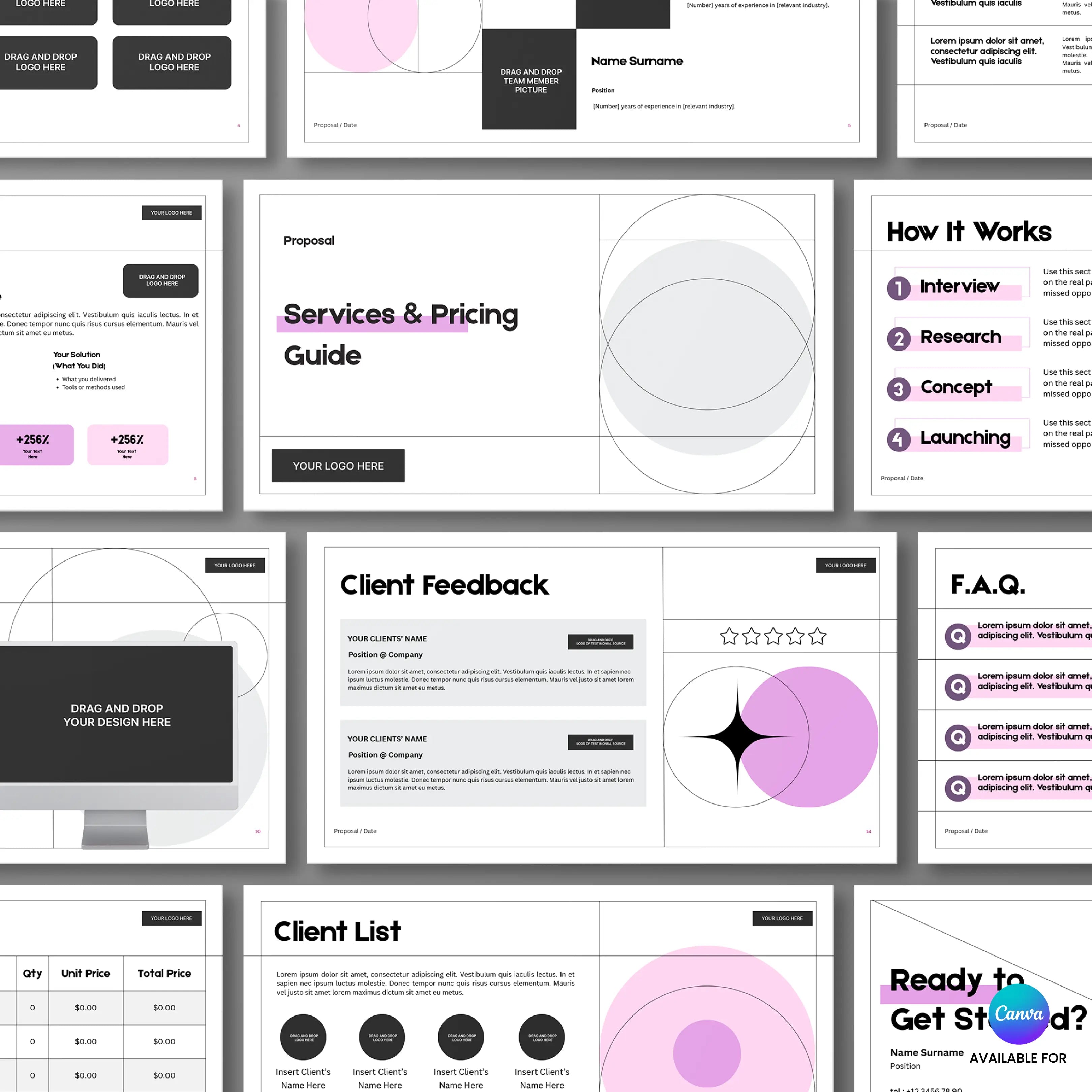 The Client Offer Deck Template from the Forma 20 Collection showcases Canva-editable slides with pink accents, featuring services, pricing, workflow, client list, testimonials, FAQs, and mockup spots—ideal for a polished service proposal.