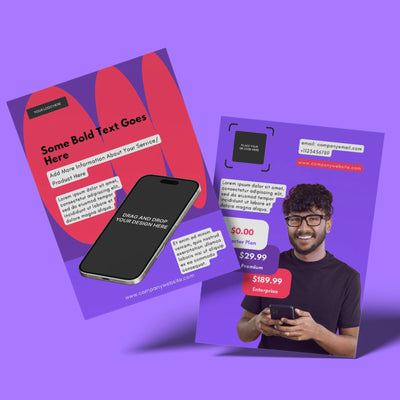Two flyers on a purple background use the Forma 10 Flyer Template for Canva by More By Us | The Brand Store. One promotes an app with a phone mockup; the other features a man, contact info, pricing plans, QR code, plus bold orange and purple accents.