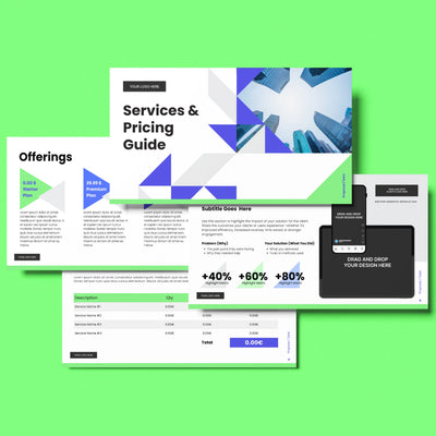 The Proposal Deck Template for Canva – Forma 40 Collection by More By Us | The Brand Store is an editable B2B services and pricing presentation with geometric design, customizable slides, sample text, pricing tables, and logo/image placeholders on a green background.