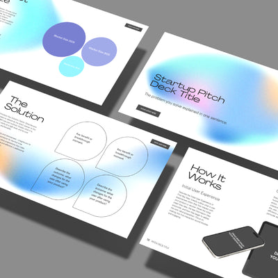 The Canva Pitch Deck Template – Forma 50 Aurora Minimal Design features market size graphs, solution diagrams, a How It Works section, and smartphone mockups on a white background with blue-orange gradient accents—ideal for startup presentations.