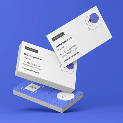 A stack of Forma 20 Style Minimal Business Card Templates is shown, featuring contact info and circle graphics on the front, with a blue back and logo placeholder—editable in Canva and ideal for printable business cards.
