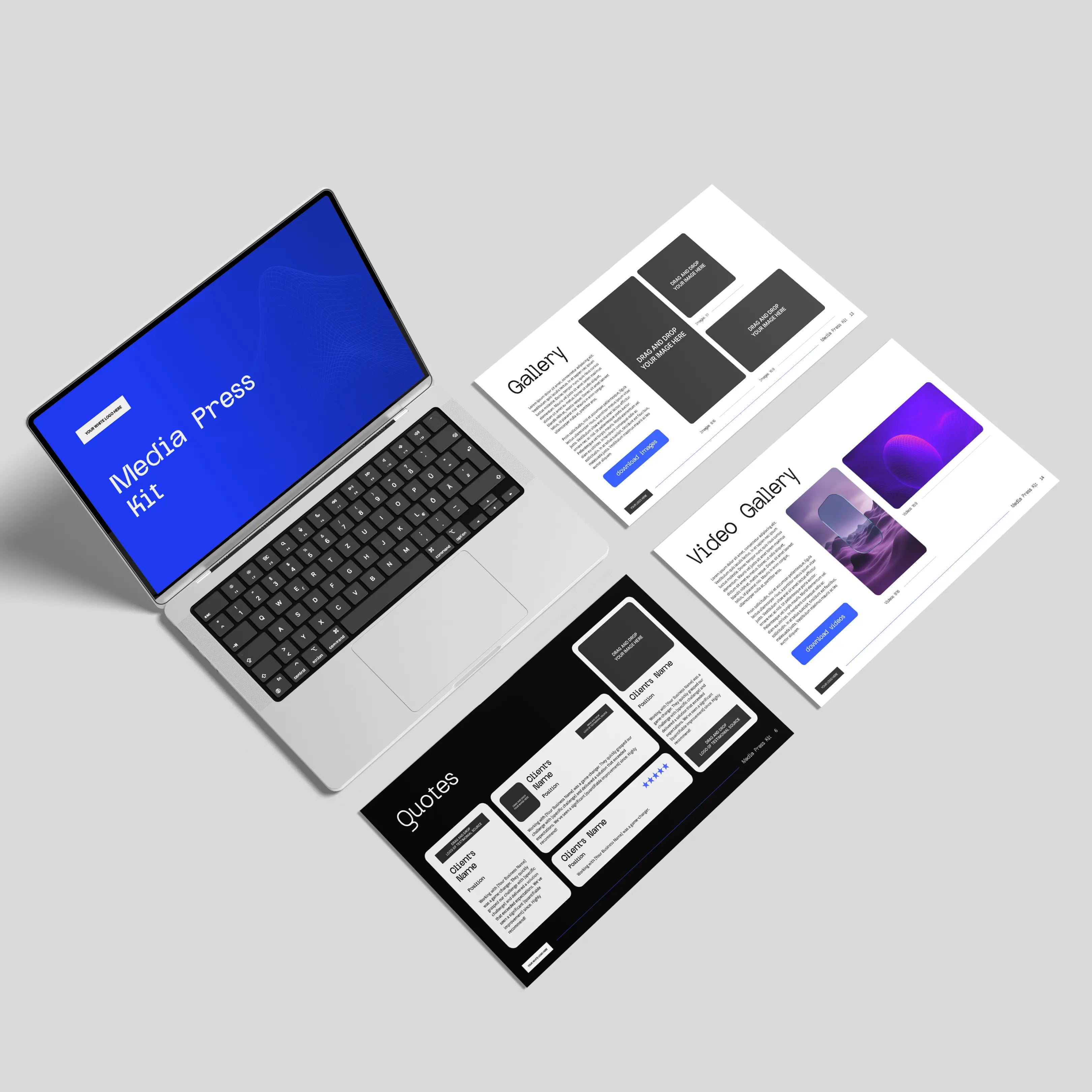 A laptop and three printed pages are on a light gray surface. The laptop displays the Media Press Kit Template for Canva – Forma 30 Collection, while the pages feature gallery and quote layouts from this brand media kit.