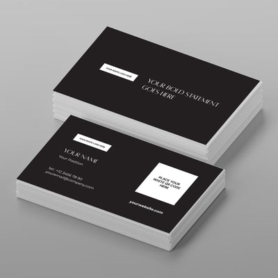 A stack of black Business Card Template for Canva - Forma 60 Collection cards featuring white areas for name, position, contact info, website, bold statement, and a white QR code box is shown on a light gray surface.