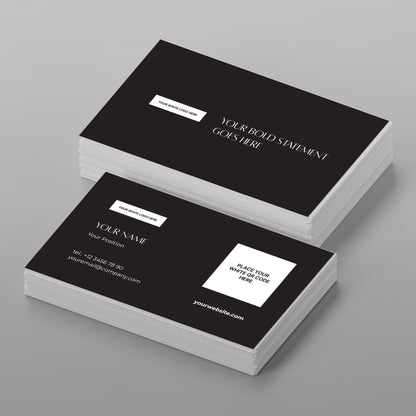 The Forma 60 Collection Business Card Template for Canva features minimal cards with white text, customizable boxes for name, contacts, and QR code—perfectly arranged on a gray surface for modern professionals.