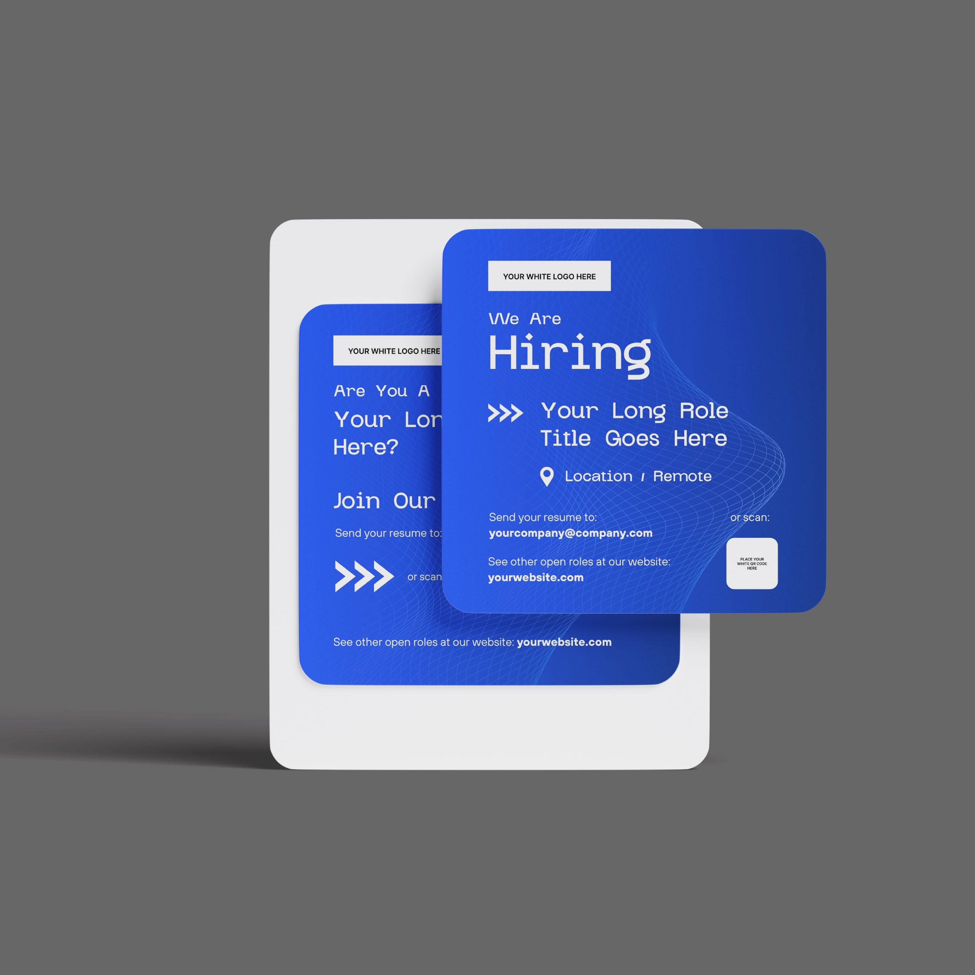 The Social Media Hiring Ad Templates for Canva – Forma 30 Collection feature two blue and white templates on a gray background, with editable fields for job title, location, contact details, and logo—ideal for creating professional recruitment ads.