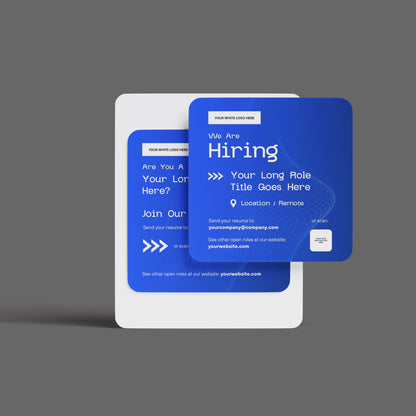 The Social Media Hiring Ad Templates for Canva – Forma 30 Collection feature two blue and white templates on a gray background, with editable fields for job title, location, contact details, and logo—ideal for creating professional recruitment ads.