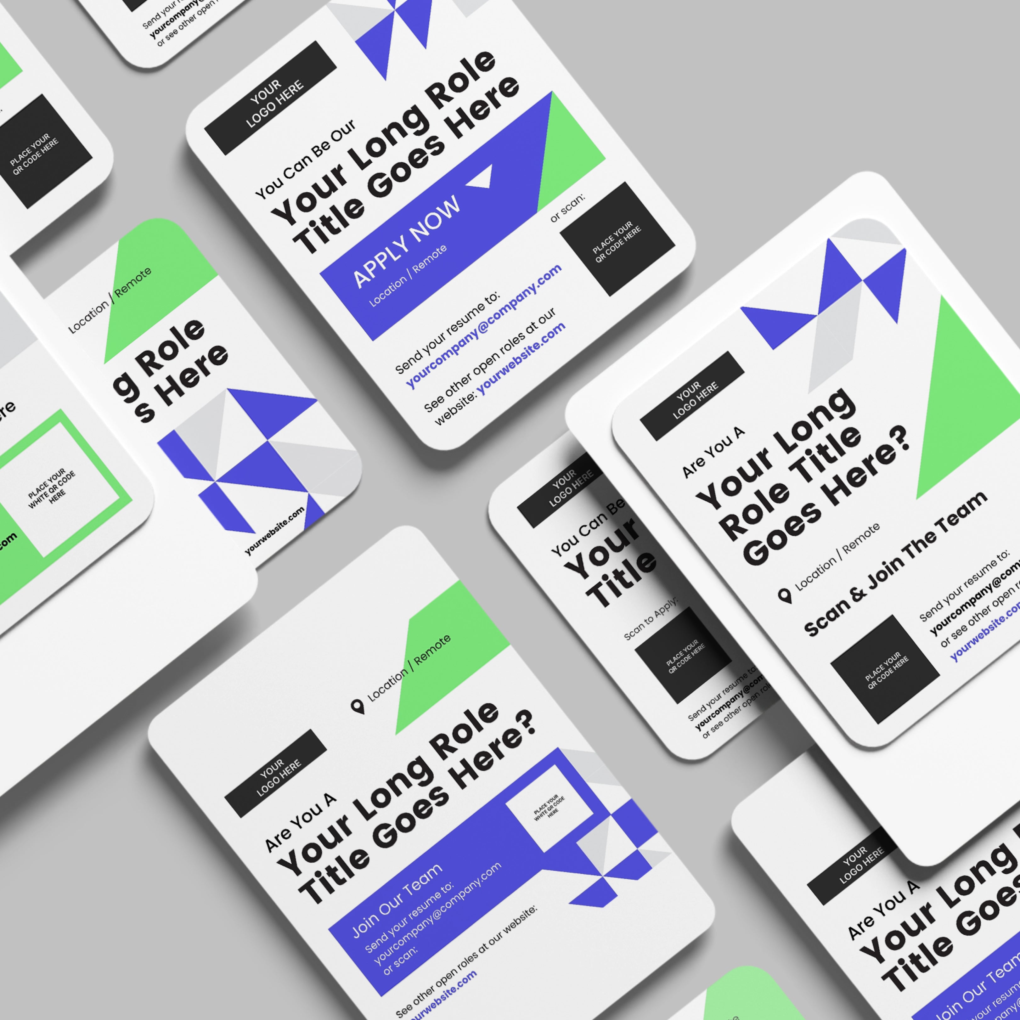 The Forma 40 Collection: Social Media Hiring Ad Templates for Canva features modern, flat-lay flyers with geometric shapes, large black and blue text, QR codes, website links, and clear instructions to apply or scan to join a team.
