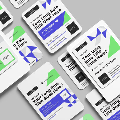 The Forma 40 Collection: Social Media Hiring Ad Templates for Canva features modern, flat-lay flyers with geometric shapes, large black and blue text, QR codes, website links, and clear instructions to apply or scan to join a team.