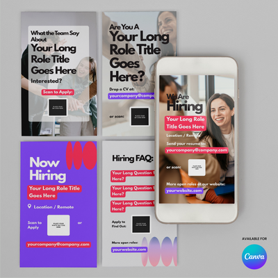 The Hiring Social Media Story Templates for Canva - Forma 10 Collection includes four bold, graphic hiring ad flyers plus a matching smartphone version. Designs detail job roles and contact info, and feature the Canva logo.