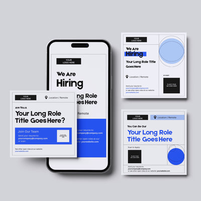 The Social Media Hiring Paid Ad Templates for Canva – Forma 20 Collection Blue Edition by More By Us | The Brand Store are shown on a light gray background, featuring bold "We Are Hiring" text, space for job details, and your logo.